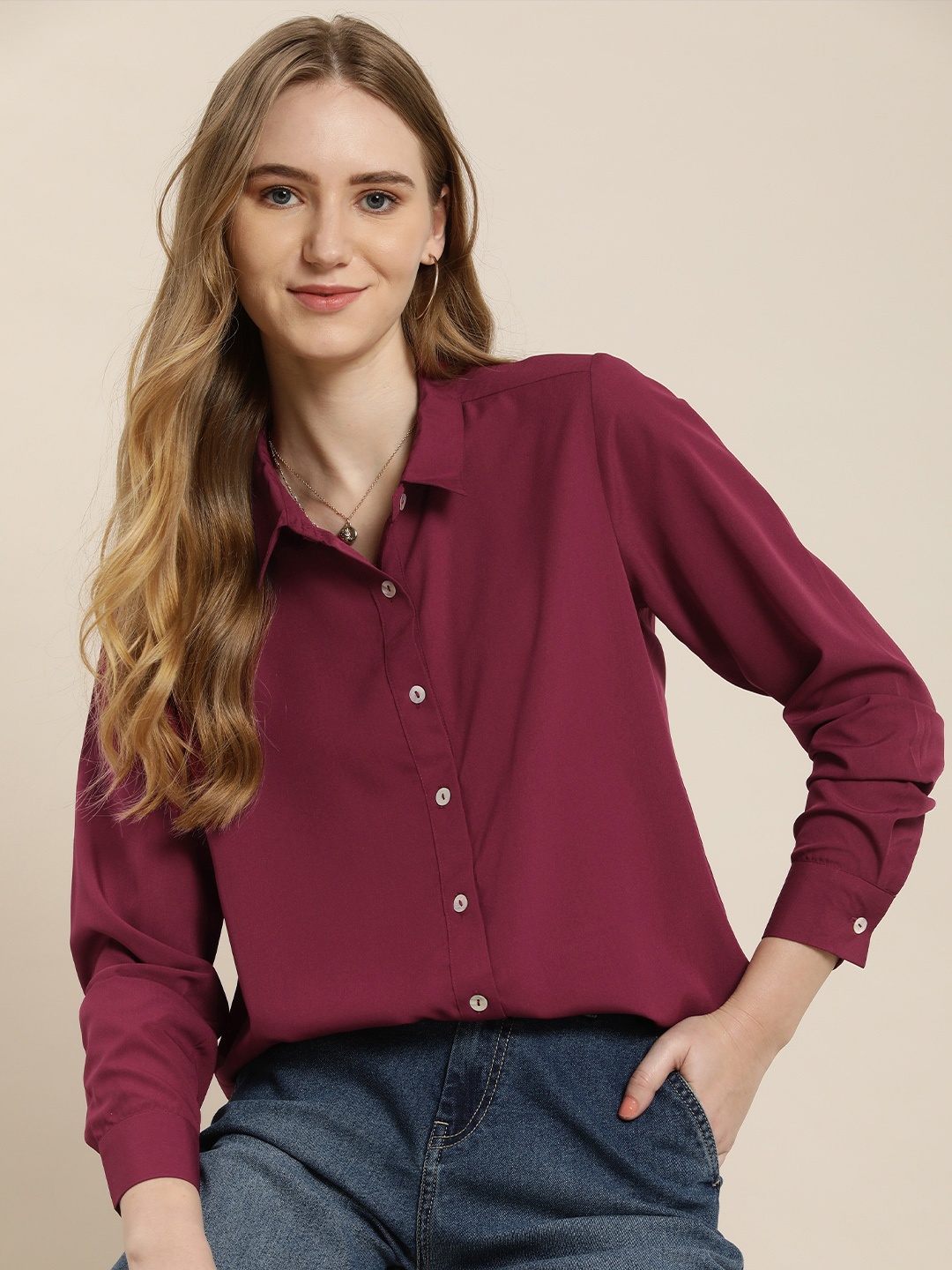 

encore by INVICTUS Women Solid Spread Collar Casual Shirt, Burgundy