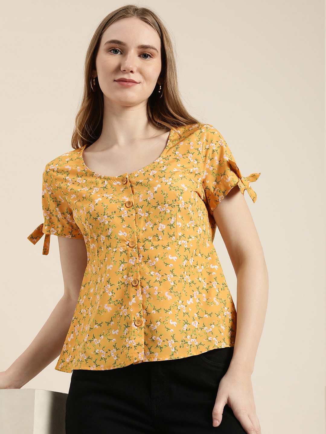 encore by INVICTUS Floral Print Peplum Top With Tie Knots Detail At Cuff, Mustard