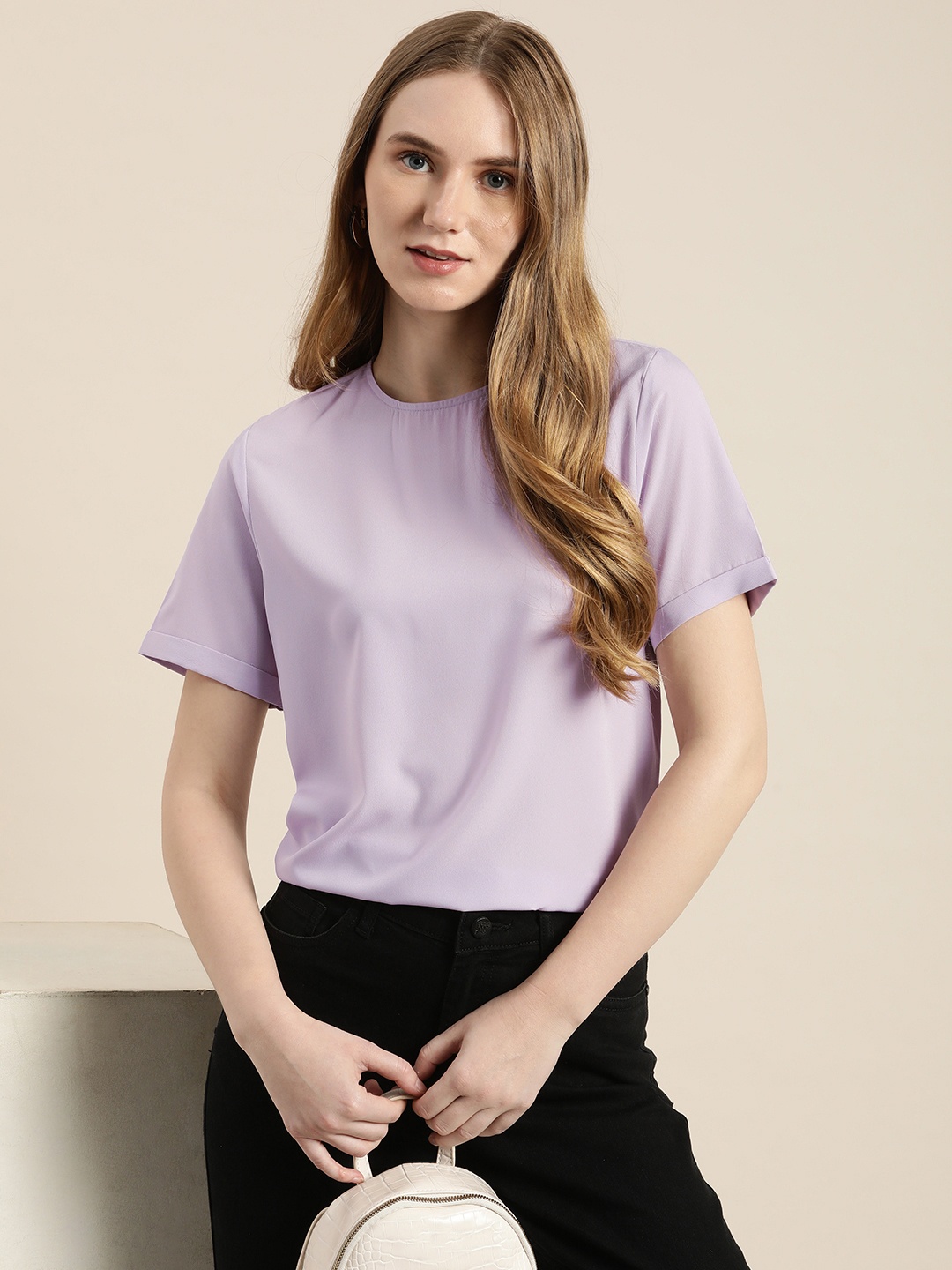 

encore by INVICTUS Solid Roll-Up Sleeves Round Neck Regular Top, Lavender