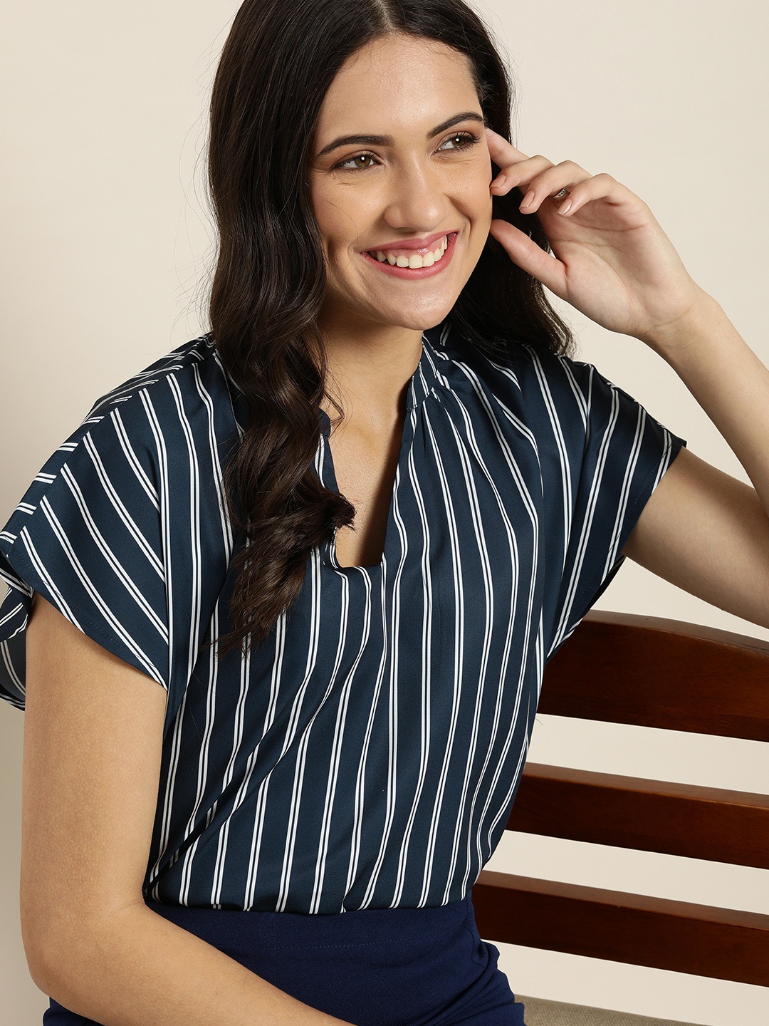 

encore by INVICTUS Navy Blue & White Striped Mandarin Collar Extended Sleeves Top