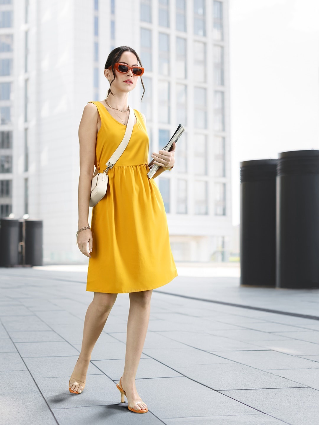 

encore by INVICTUS Mustard Yellow Sleeveless Fit & Flare Dress