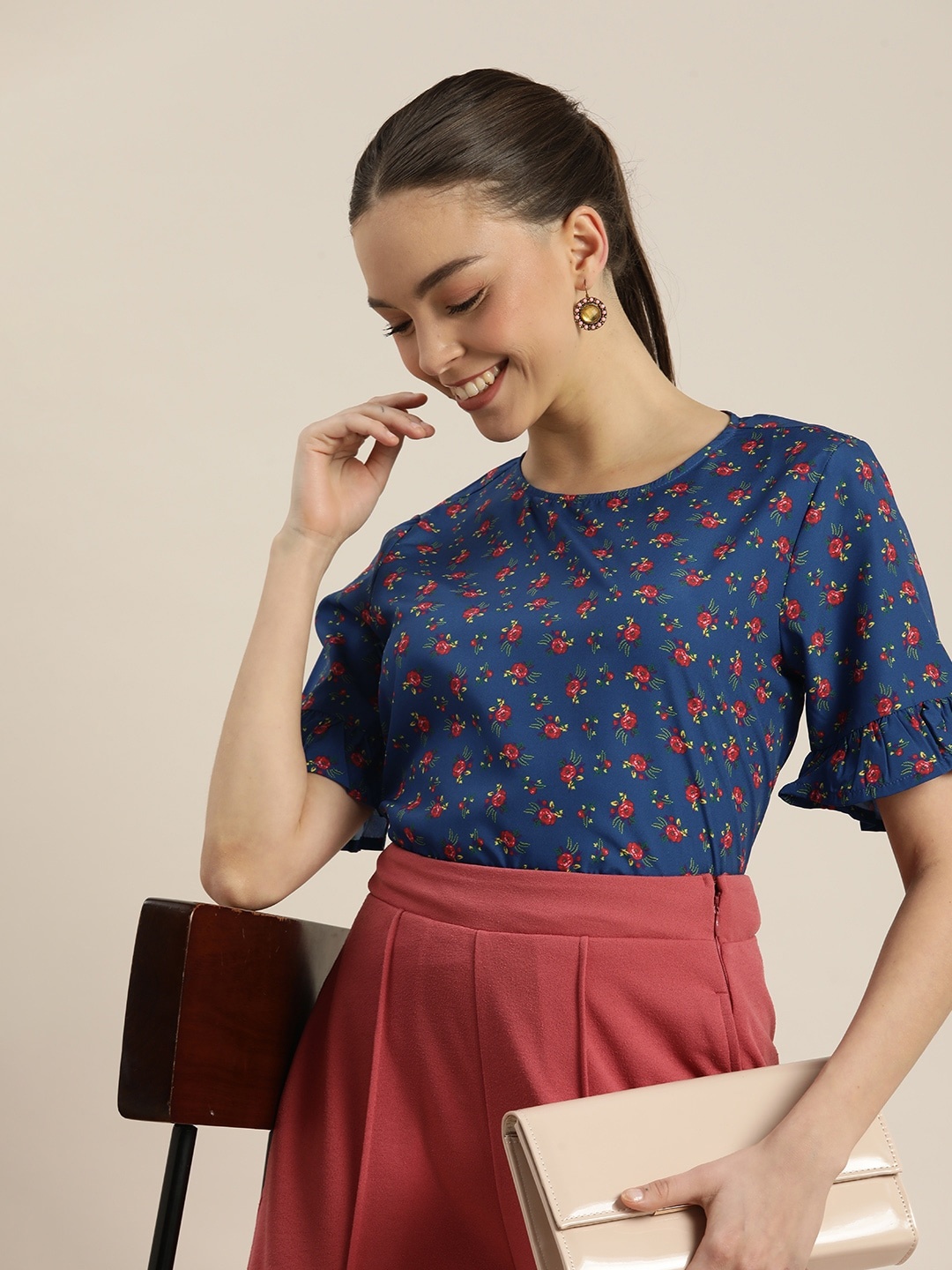 

encore by INVICTUS Blue & Pink Floral Striped Top
