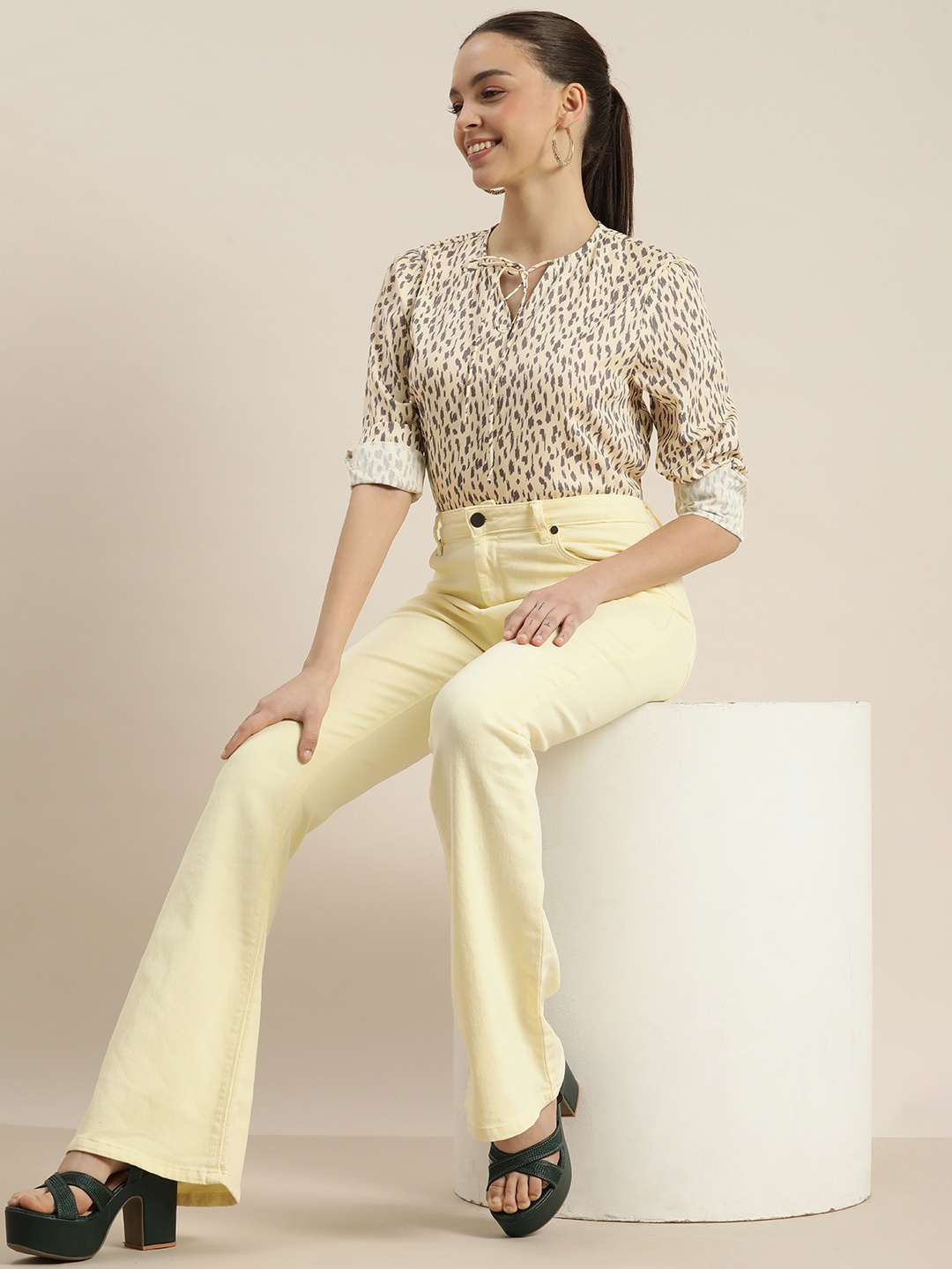 

encore by INVICTUS Cream-Coloured & Black Animal Print Tie-Up Neck Top
