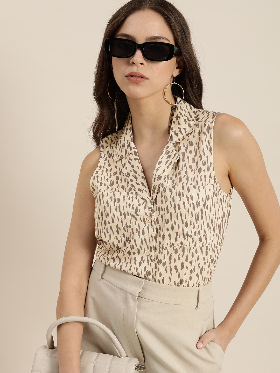 

encore by INVICTUS Women Beige Abstract Printed Casual Shirt