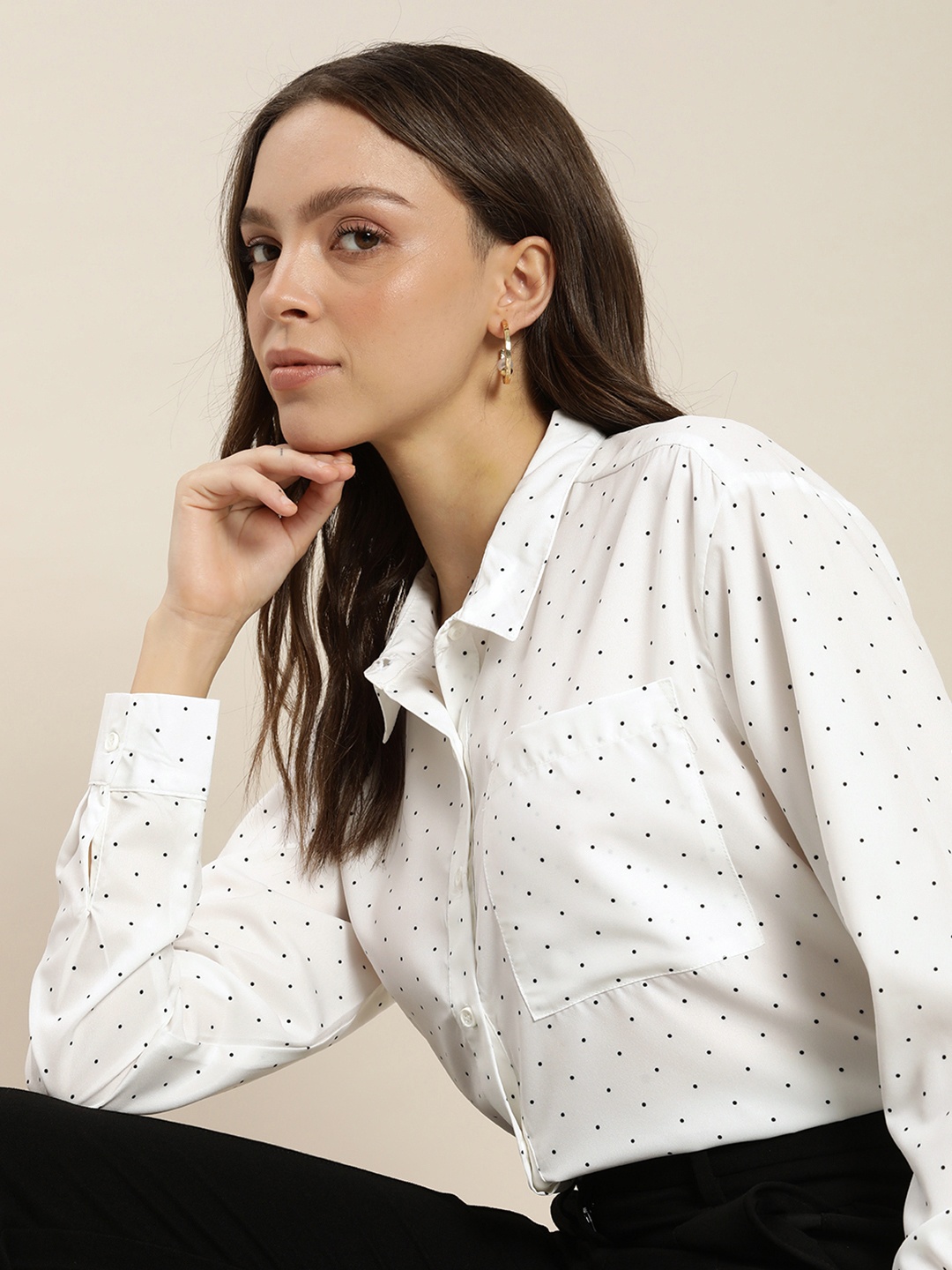 

encore by INVICTUS Women White & Black Polka Dots Printed Casual Shirt