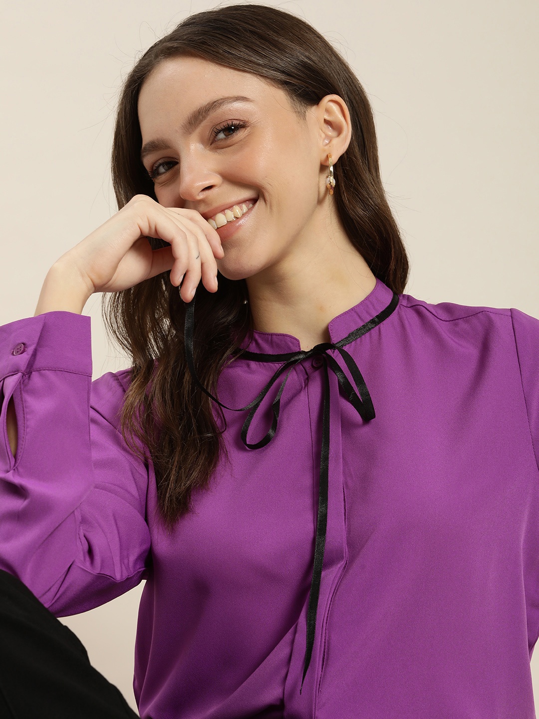 

encore by INVICTUS Women Purple Solid Casual Shirt With Contrast Tie-Up