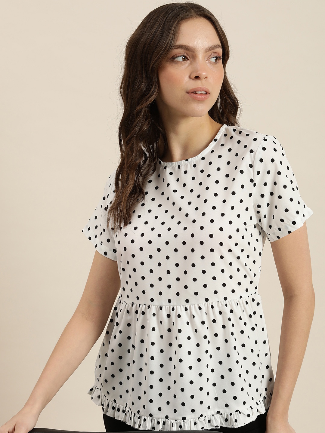 

encore by INVICTUS Women White Polka Dots Print Peplum Top