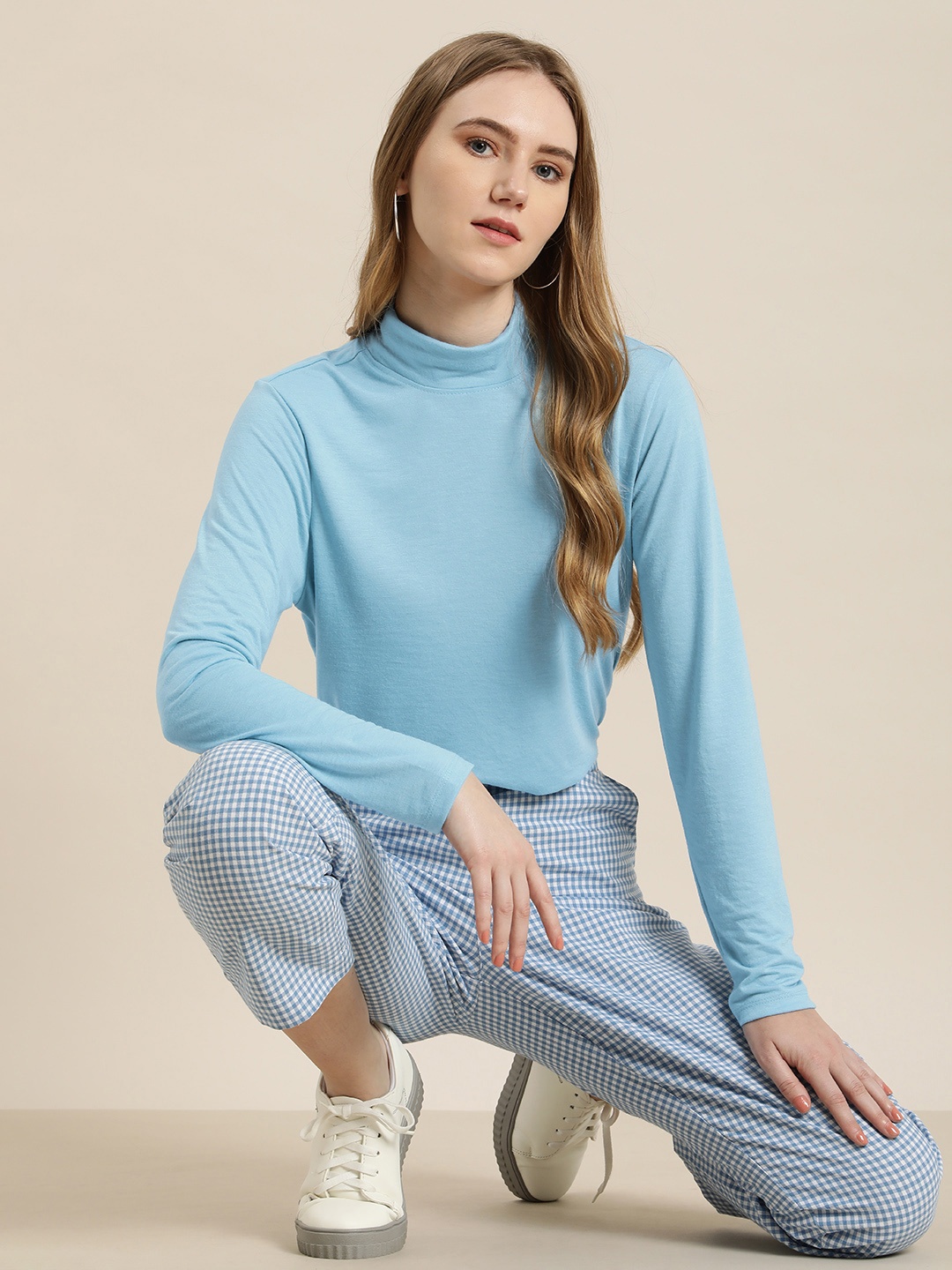 

encore by INVICTUS Solid High Neck Long Sleeves Top, Blue