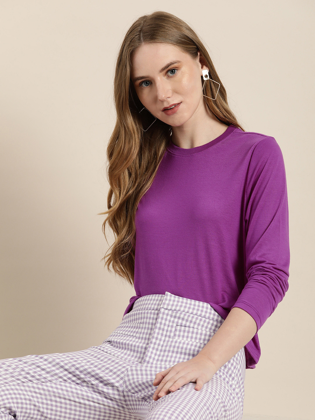 

encore by INVICTUS Solid Round Neck Long Sleeves Knitted Regular Top, Purple