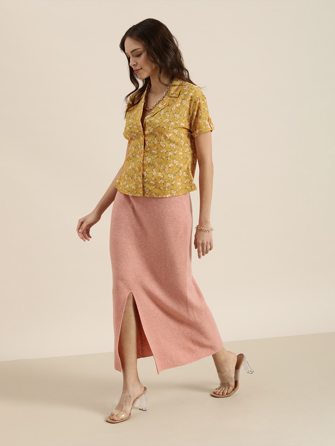 

encore by INVICTUS Women Yellow Floral Printed Notched Lapel Casual Shirt