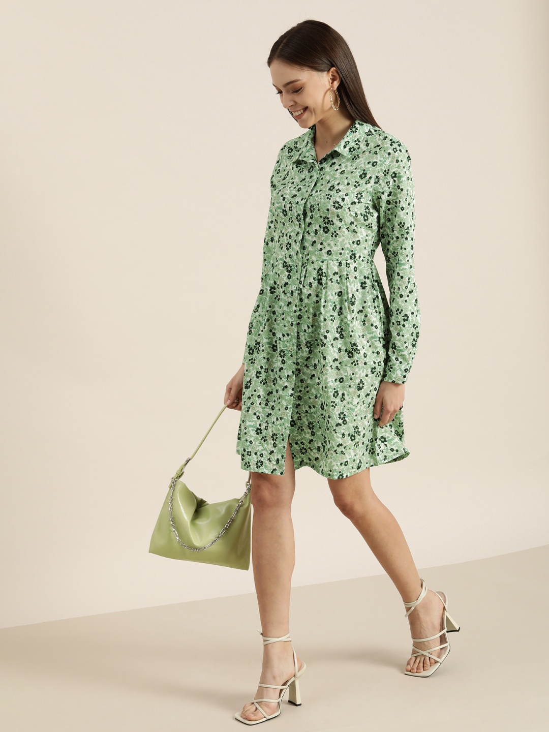 

encore by INVICTUS Green and Black Floral Shirt Dress