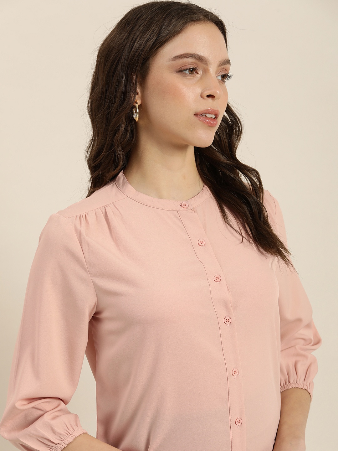 

encore by INVICTUS Women Pink Solid Mandarian Collar Casual Shirt