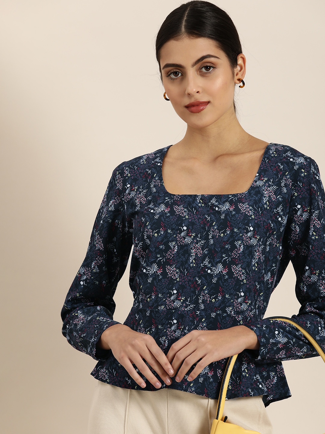 

encore by INVICTUS Women Tropical Print Square Neck Peplum Top, Blue