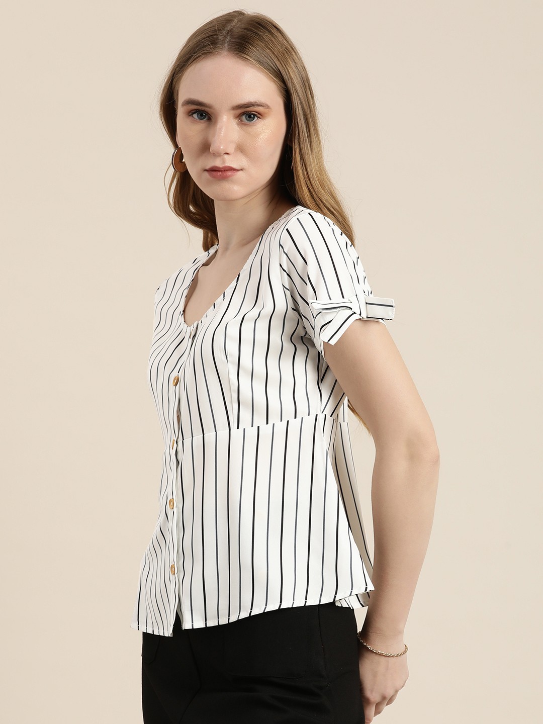 

encore by INVICTUS Striped Monochrome Peplum Top With Tie Knots At Cuff, White