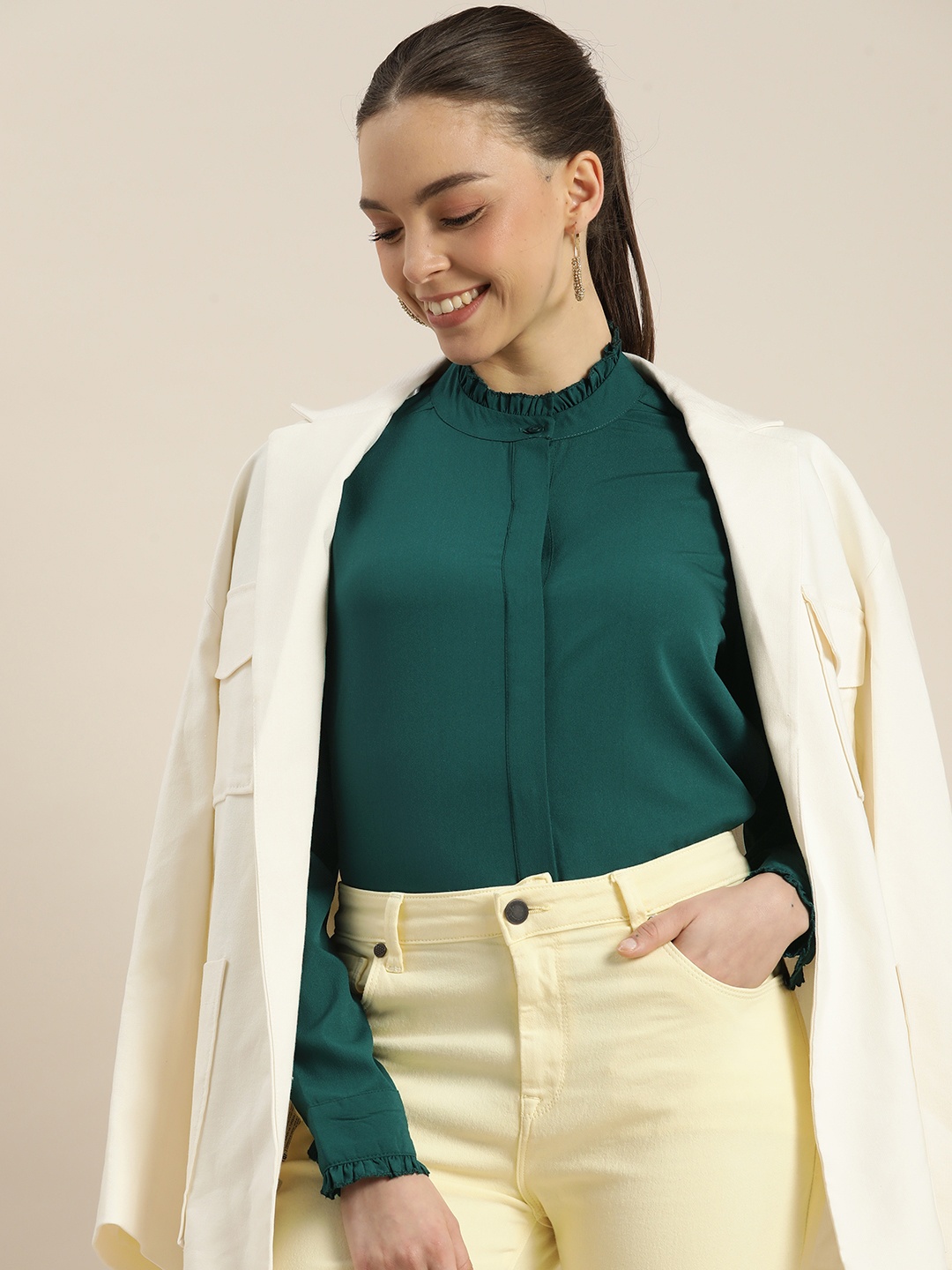 

encore by INVICTUS Women Dark Green Solid Frills Detail Casual Shirt