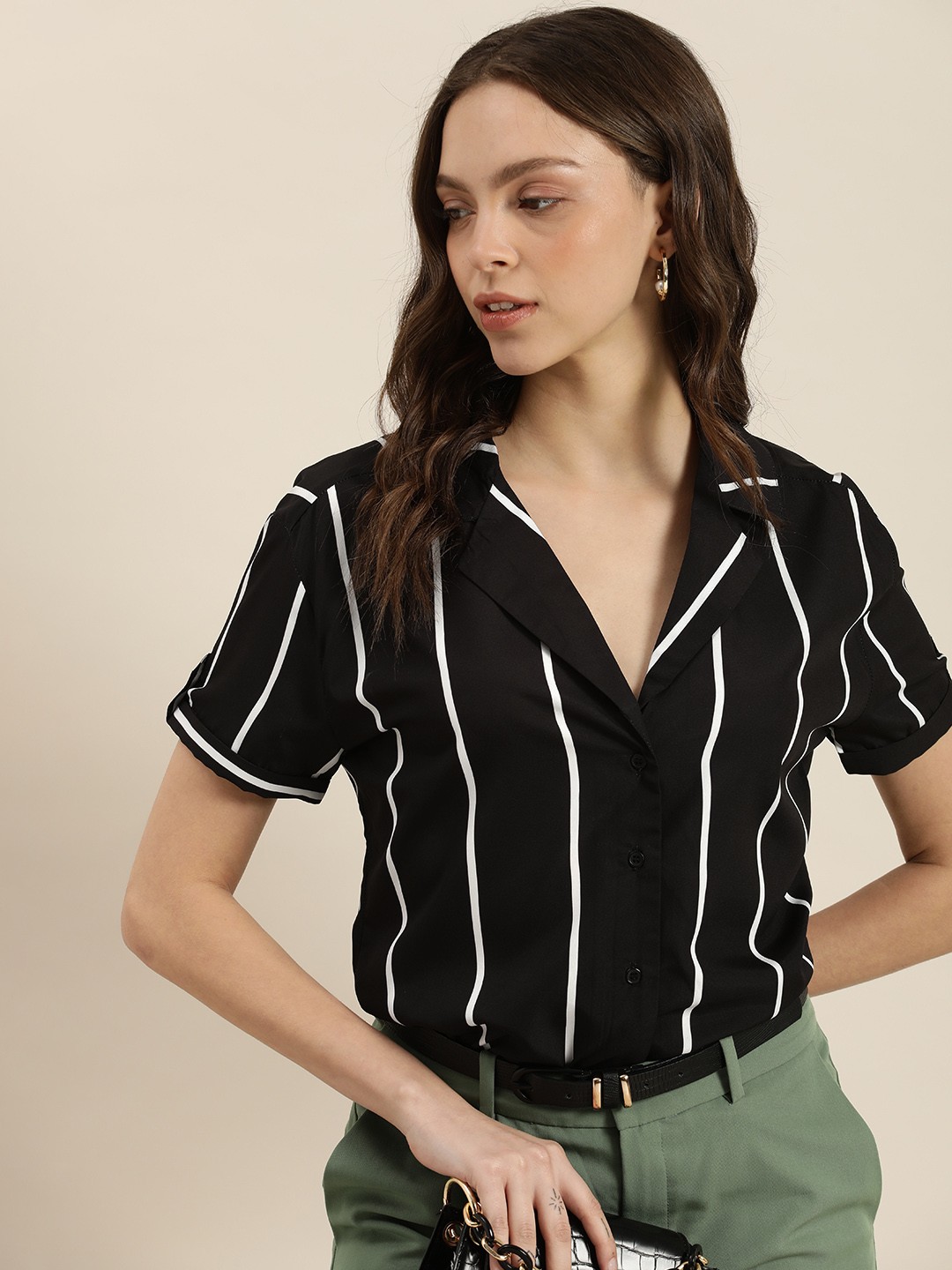 

encore by INVICTUS Women Black & White Striped Cropped Casual Shirt