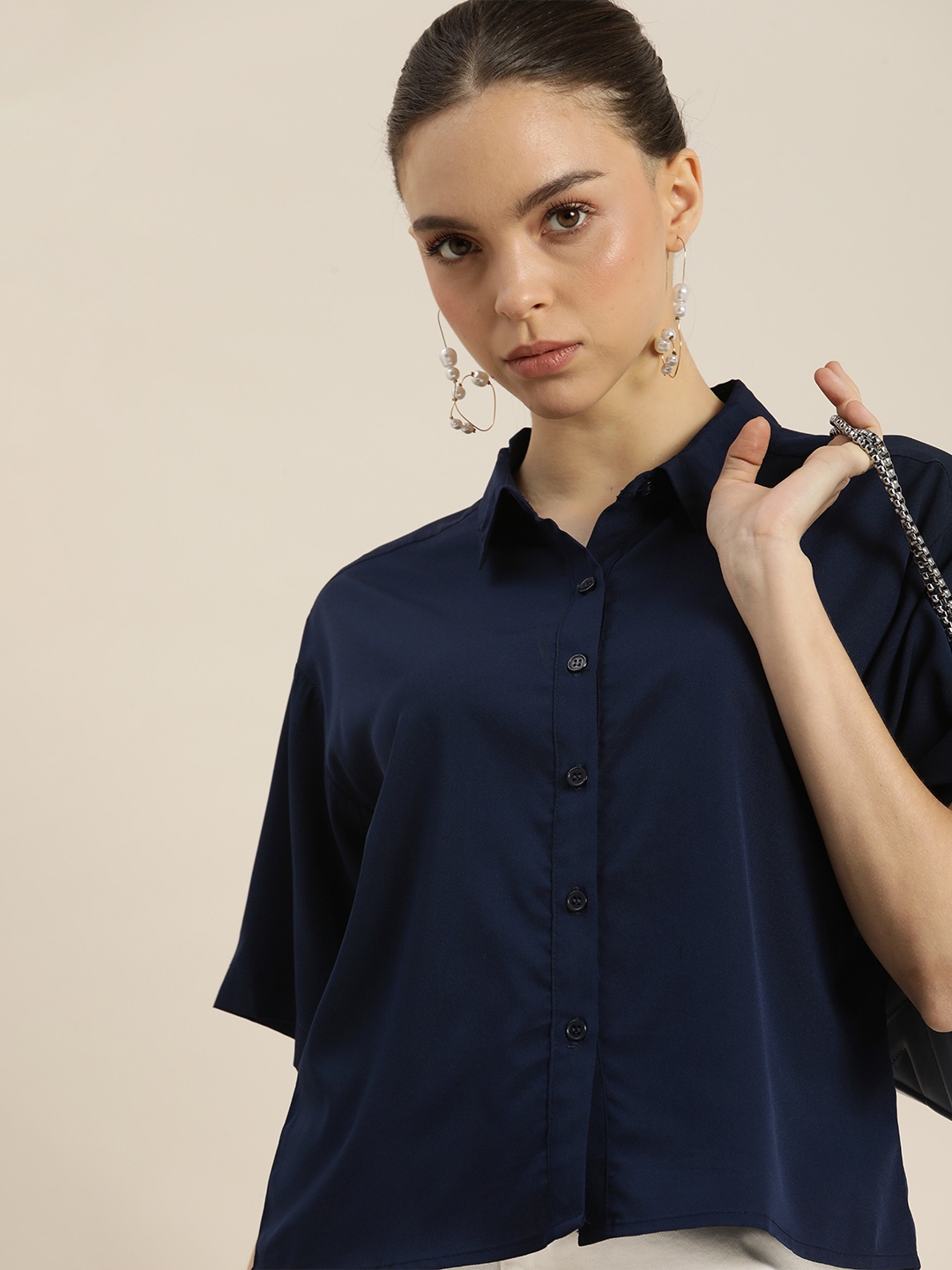 

encore by INVICTUS Women Navy Blue Solid Casual Shirt With Drop Shoulder Sleeves