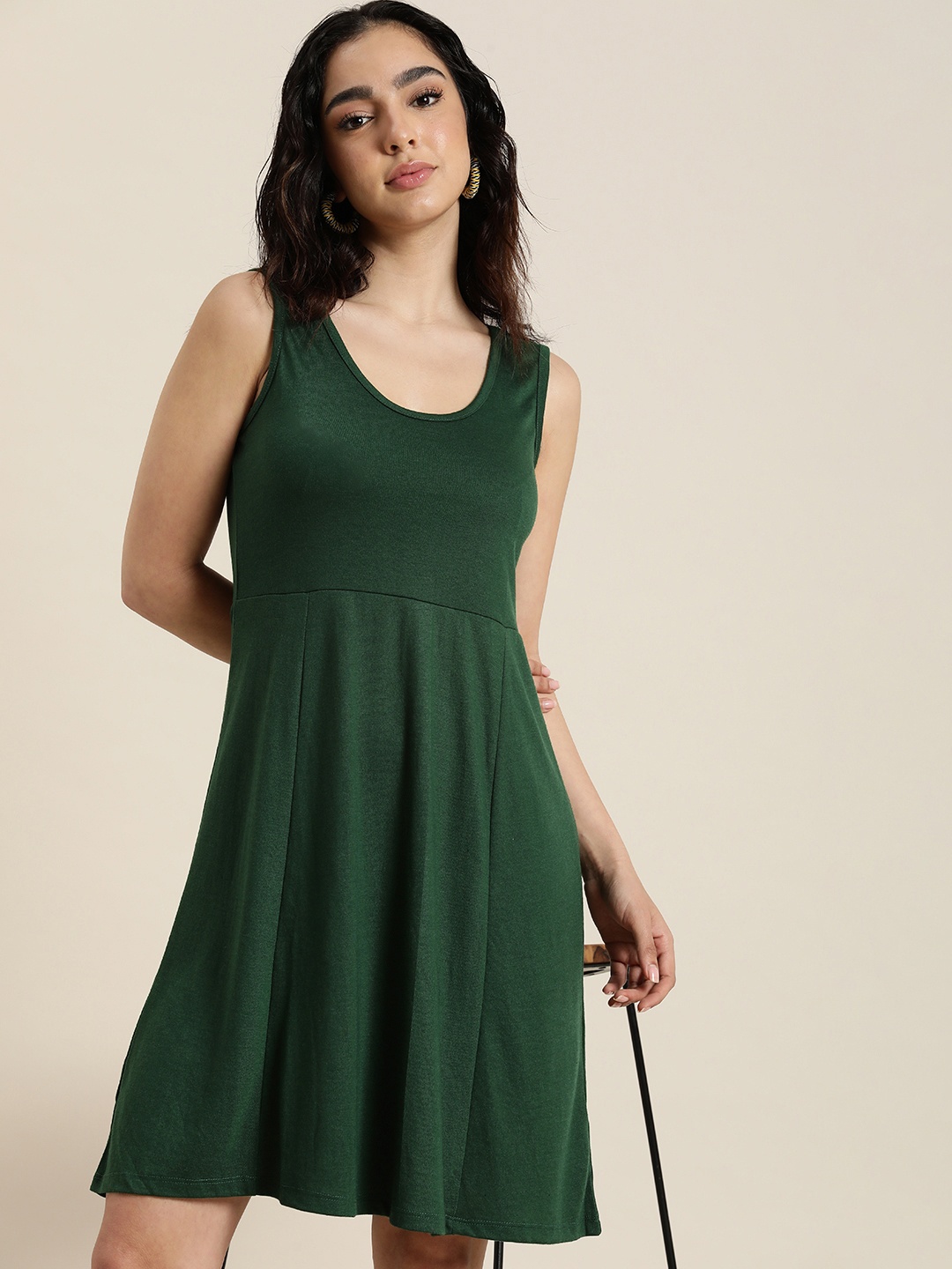 

encore by INVICTUS Solid Round Neck A-Line Dress, Green