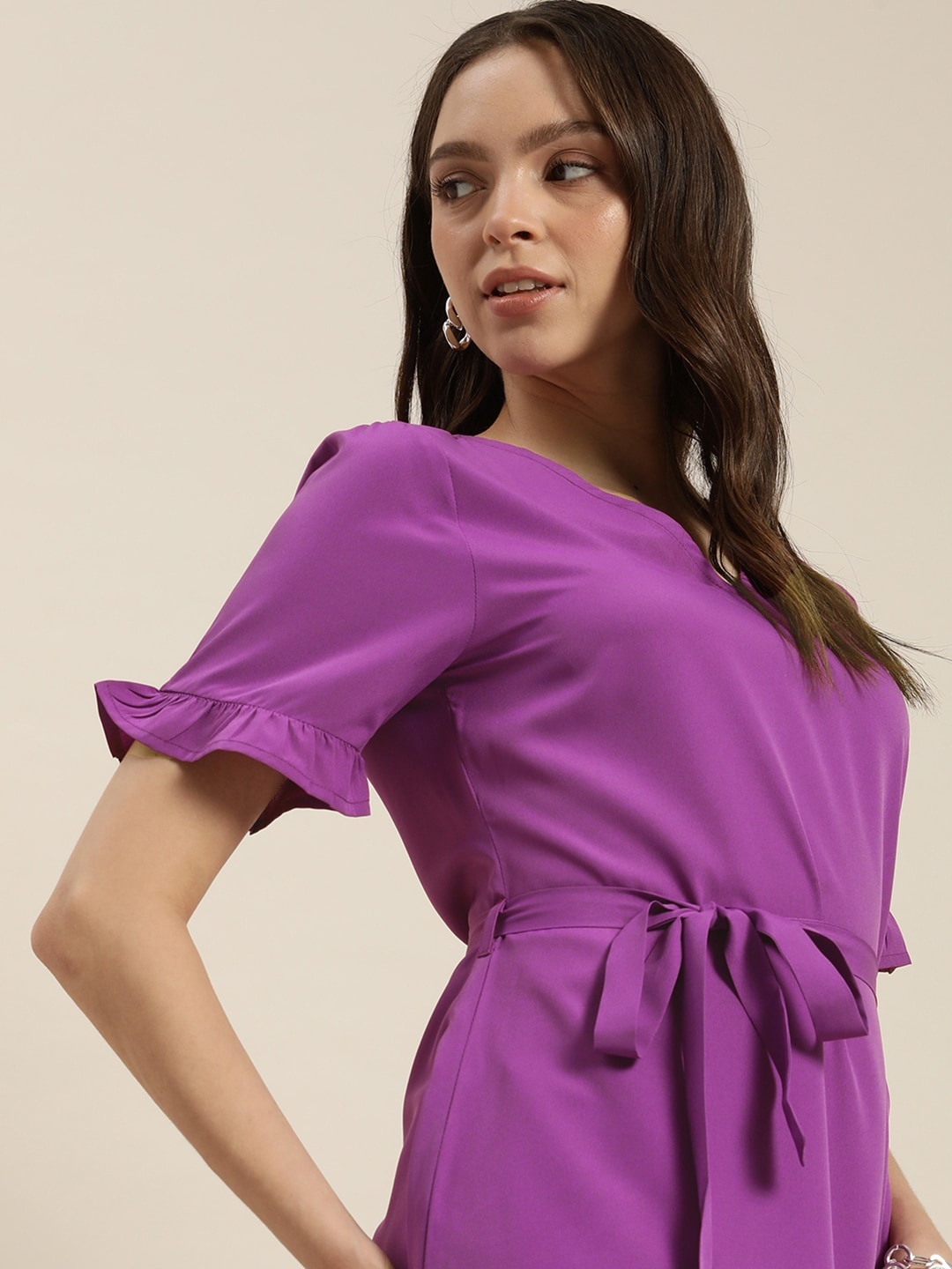 

encore by INVICTUS Women Violet Solid A-Line Dress With Frill Sleeves