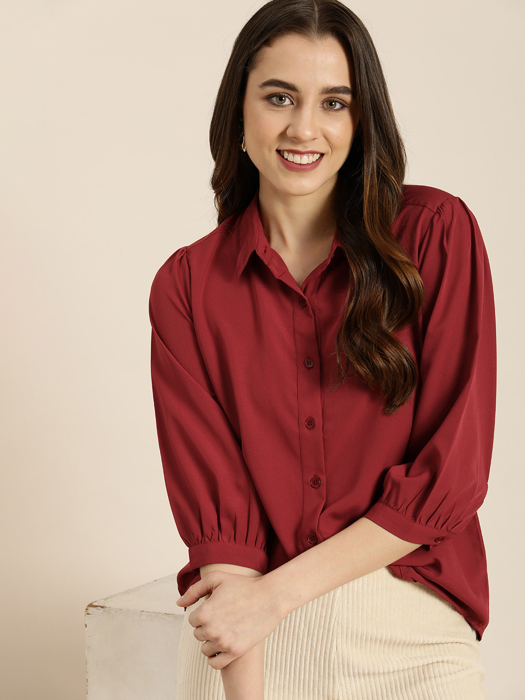

encore by INVICTUS Spread Collar Three-Quarter Sleeves Gathered Detail Casual Shirt, Red