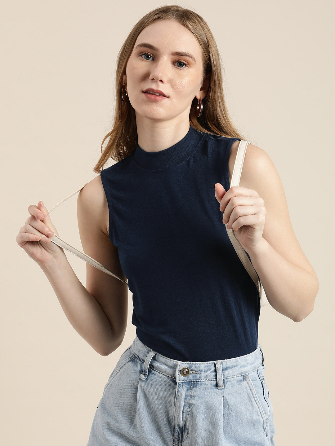 

encore by INVICTUS Solid Mock Neck Sleeveless Regular Knitted Top, Navy blue