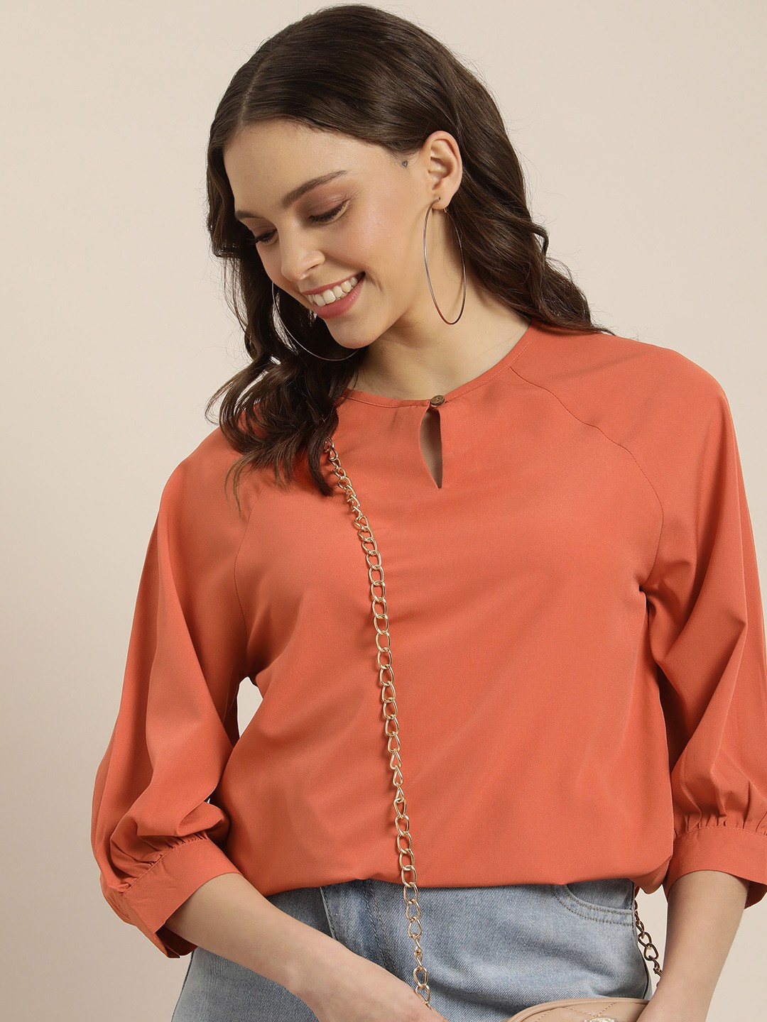 

encore by INVICTUS Women Rust Orange Solid Keyhole Neck Regular Top