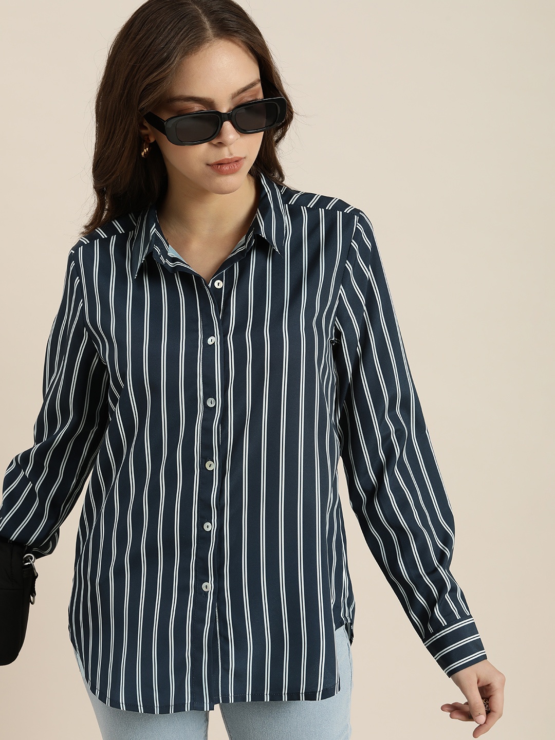 

encore by INVICTUS Women Navy Blue Striped Casual Longline Shirt