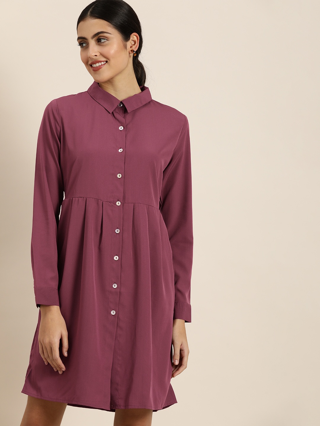 encore by INVICTUS Women Long Sleeves Shirt Dress With Gathered Detail, Mauve