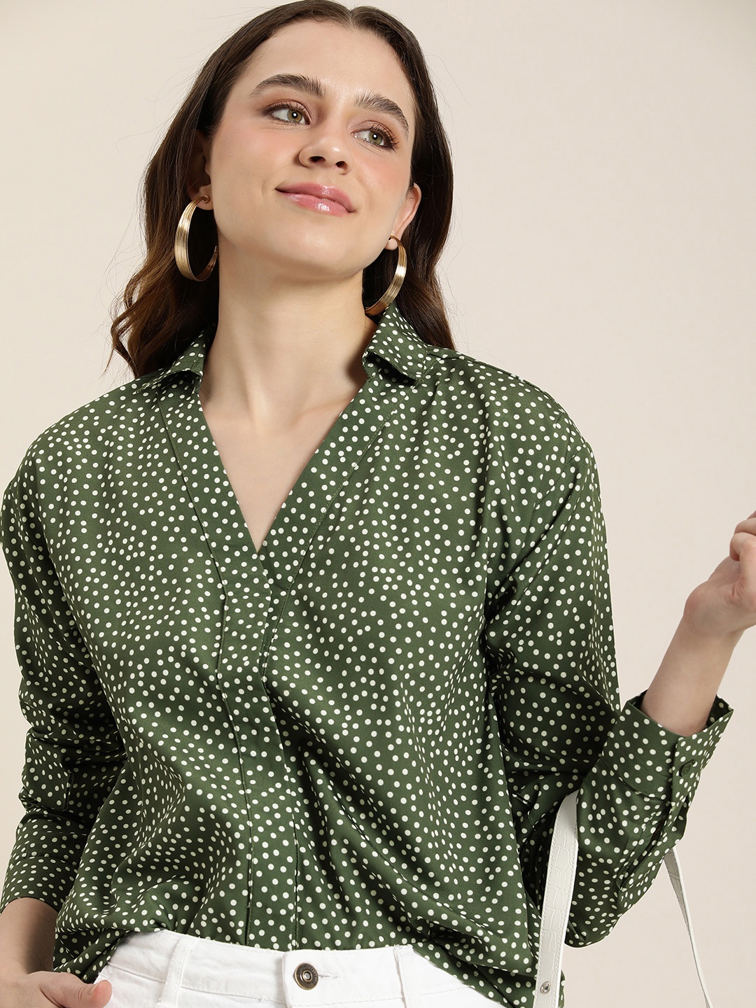 

encore by INVICTUS Polka Dot Printed V-Neck Casual Shirt, Olive