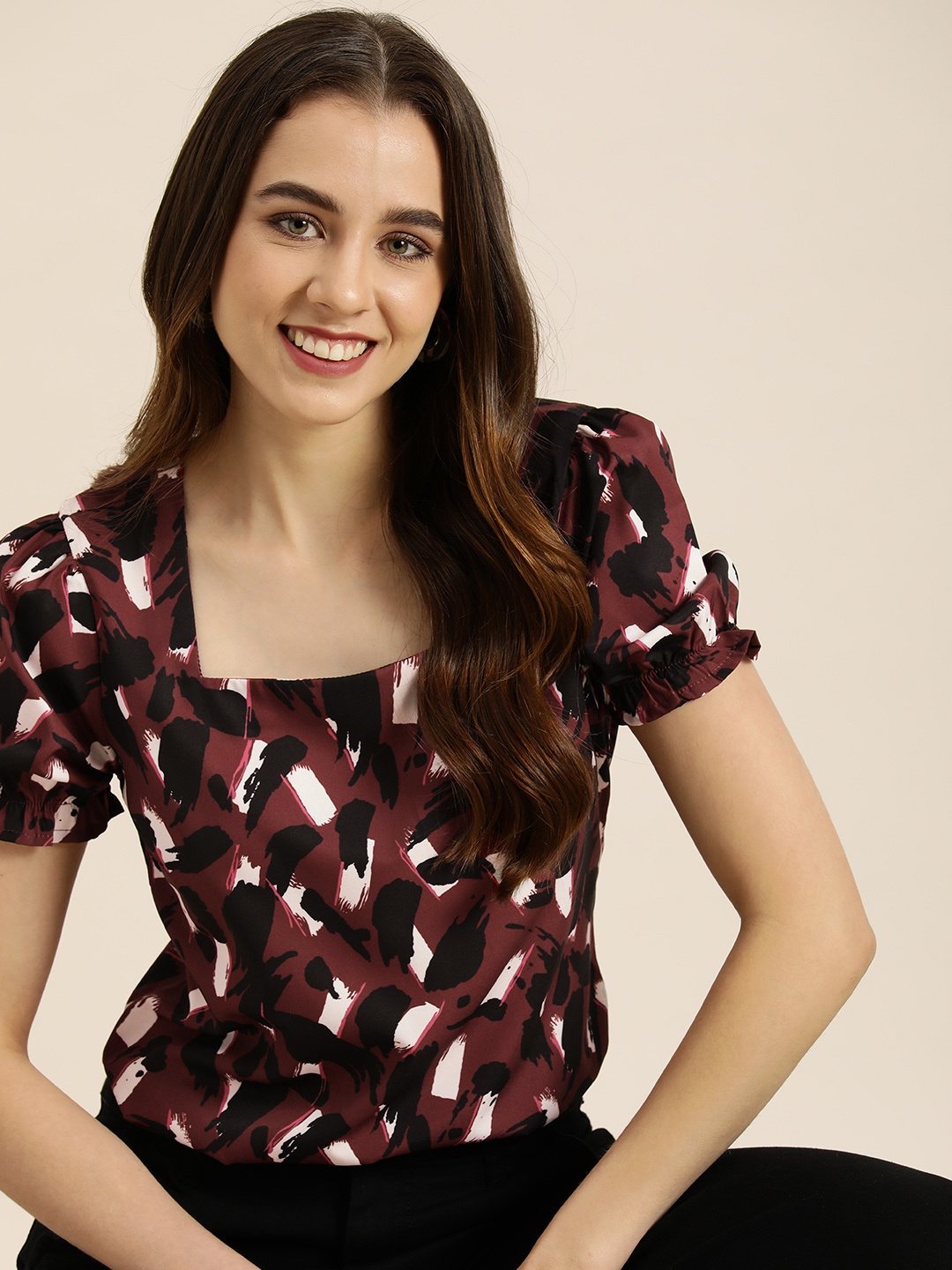 

encore by INVICTUS Floral Printed Puff Sleeves Regular Top, Maroon