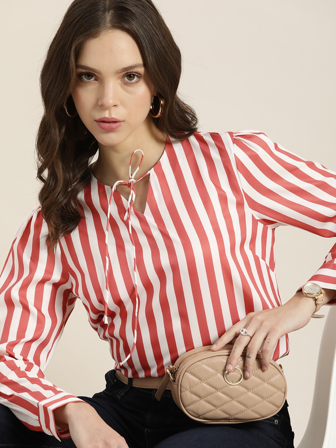 

encore by INVICTUS White & Pink Striped Tie-Up Neck Top