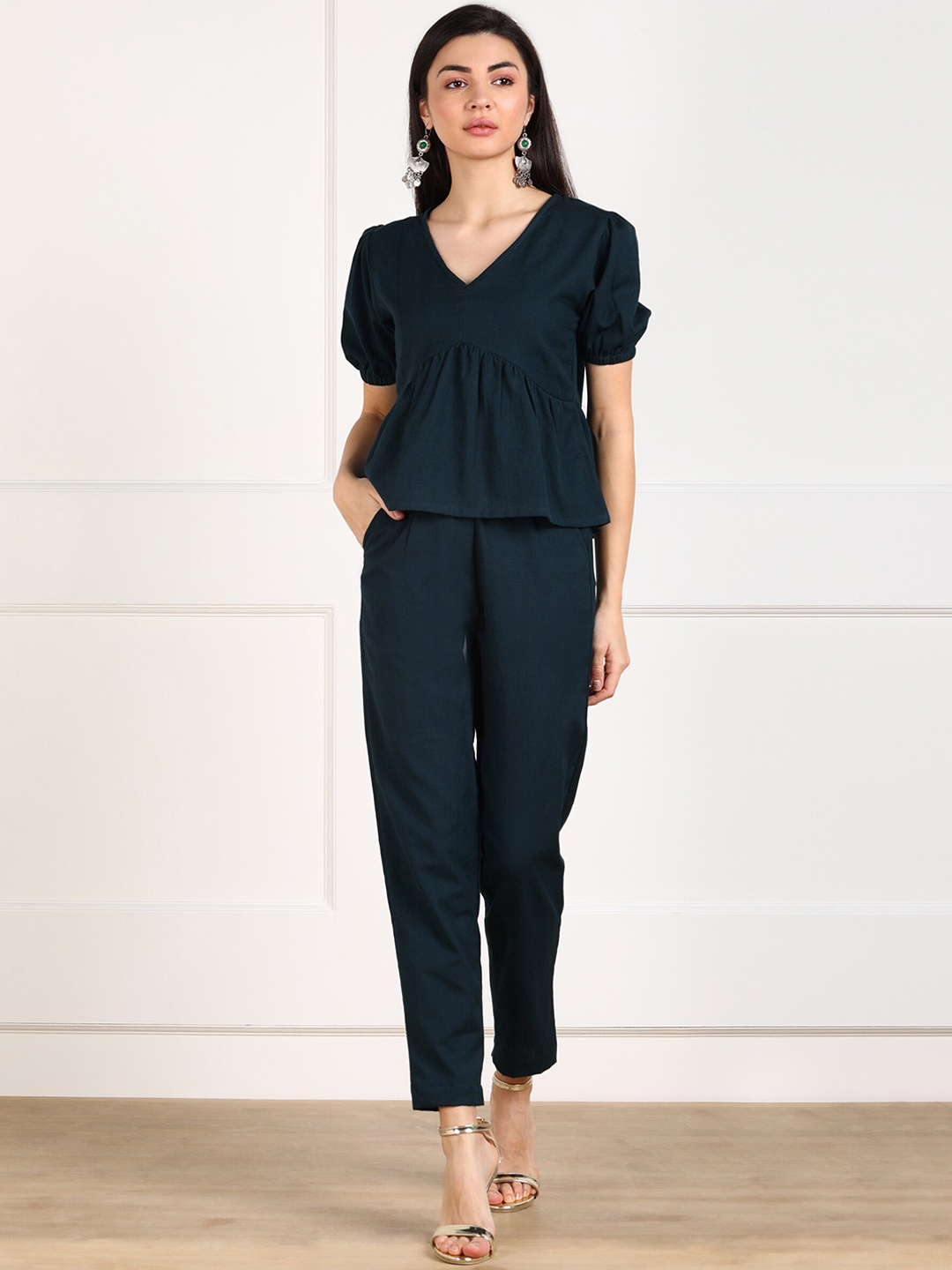 

Sangria Women Teal Blue Solid Pure Cotton Co-Ords Set
