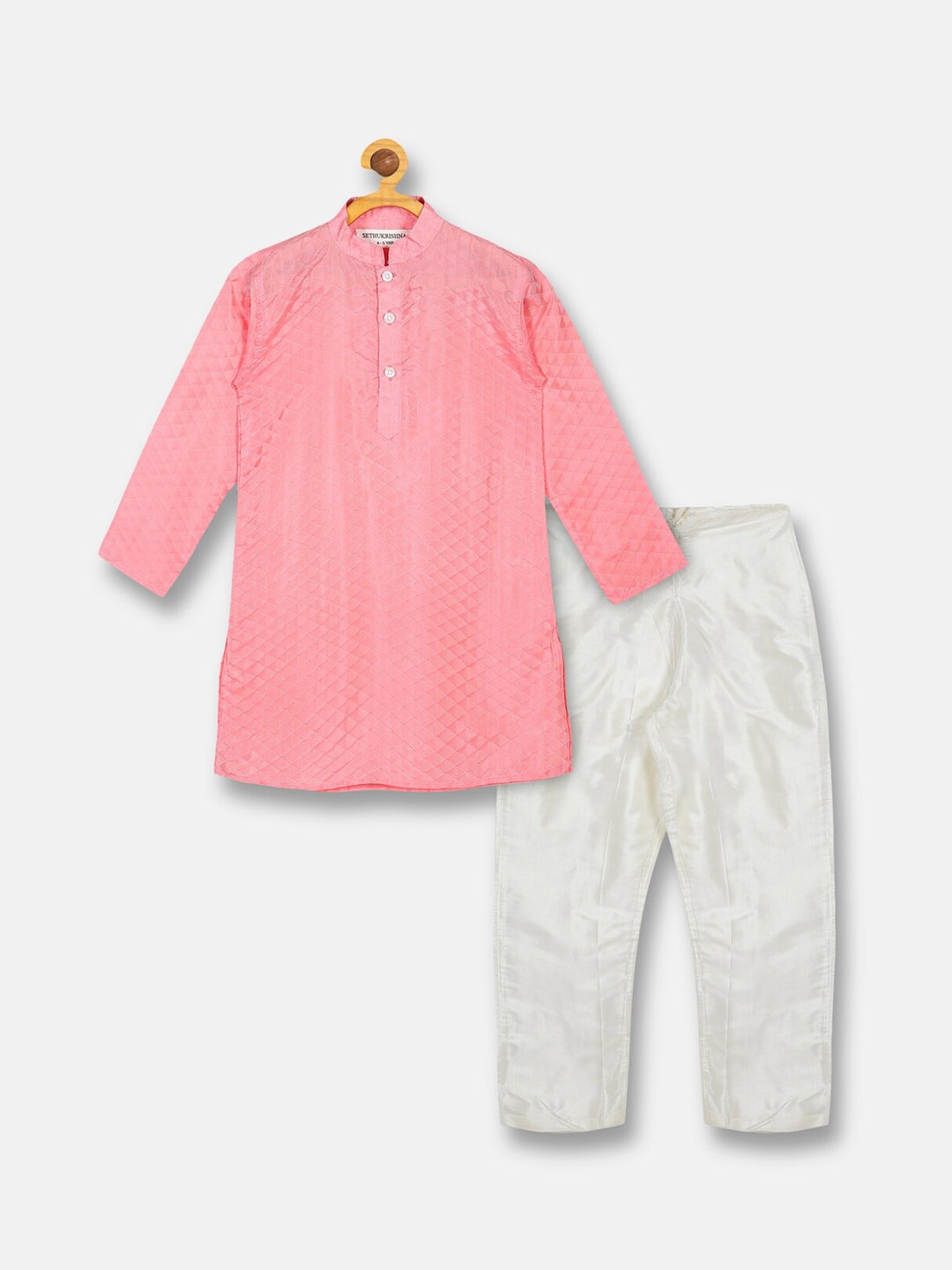 

Sethukrishna Boys Pink Self Design Jacquard Art Silk Kurta with Pyjamas