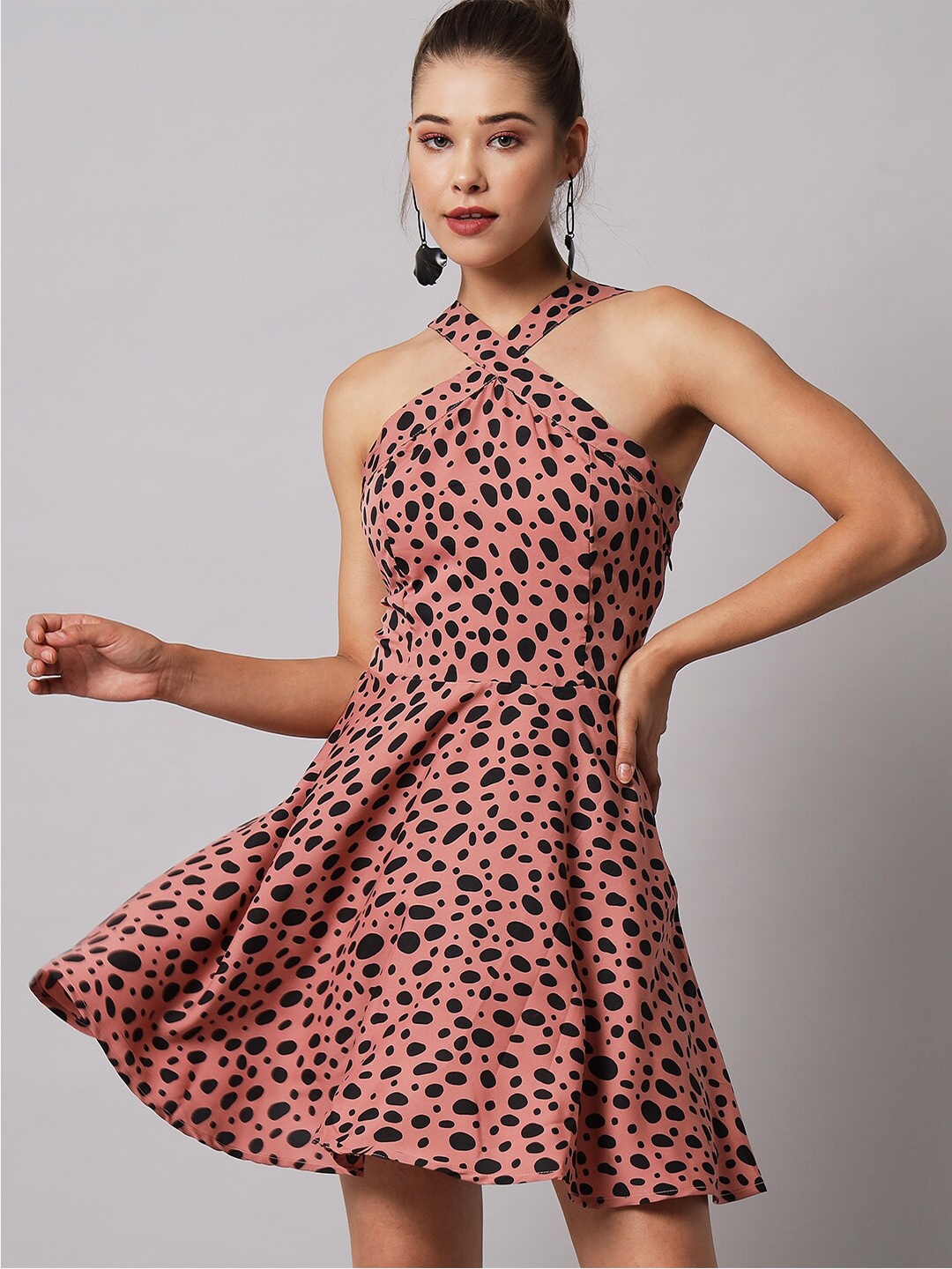 

emeros Rose Gold & Black Floral Halter Neck Crepe Dress