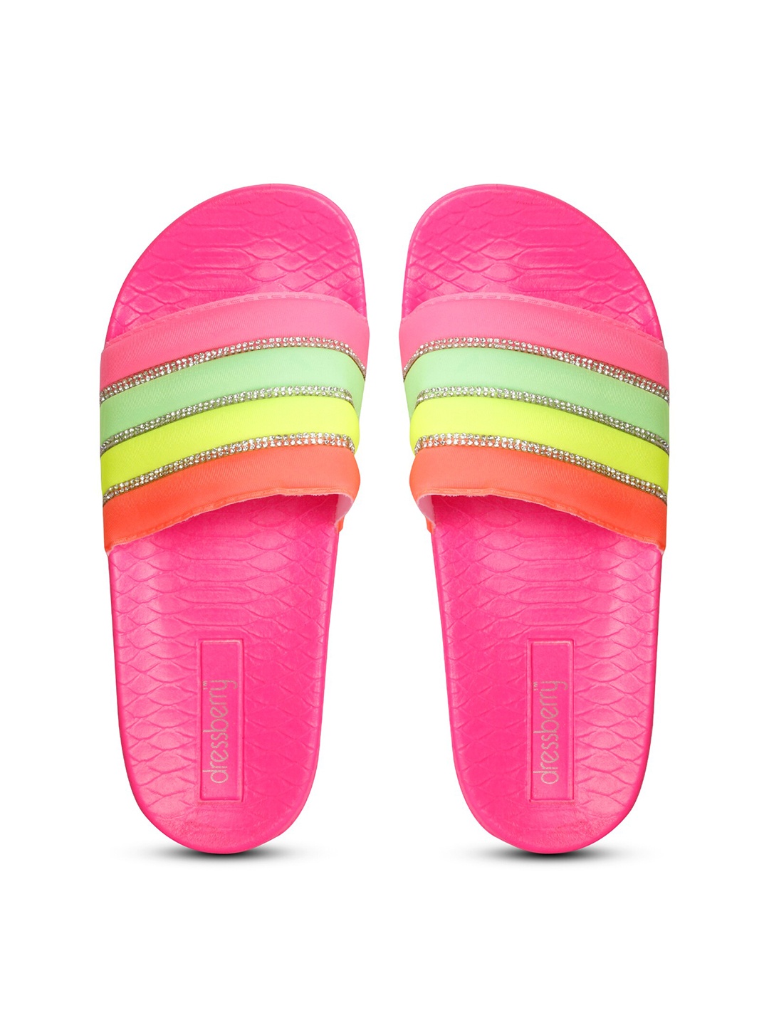 

DressBerry Women Pink & Green Striped Sliders