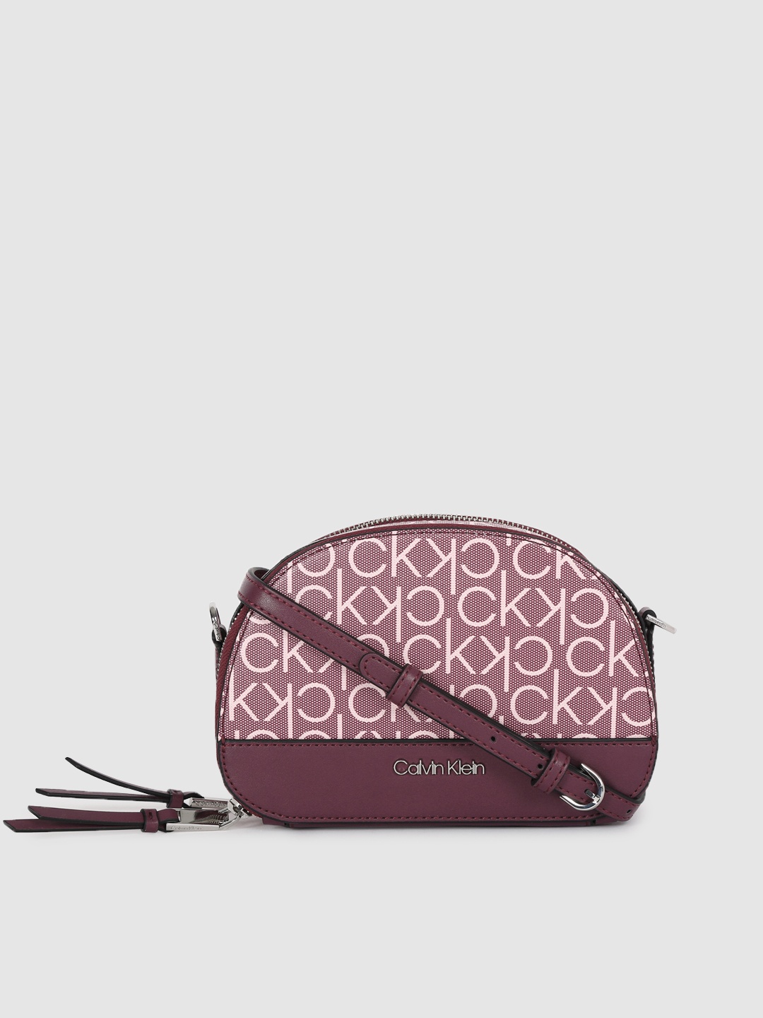 Calvin Klein Jeans Burgundy Brand Logo Printed Half Moon Crossbody Sling Bag