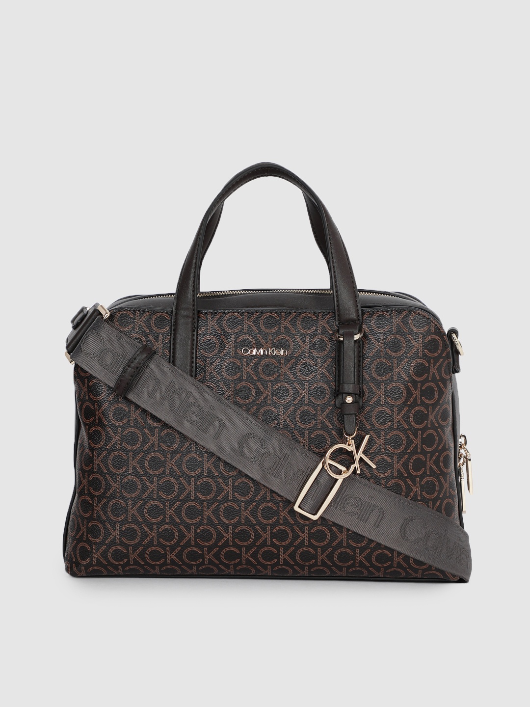

Calvin Klein Jeans Coffee Brown Brand Logo Print PU Structured Handheld Bag with Tassel