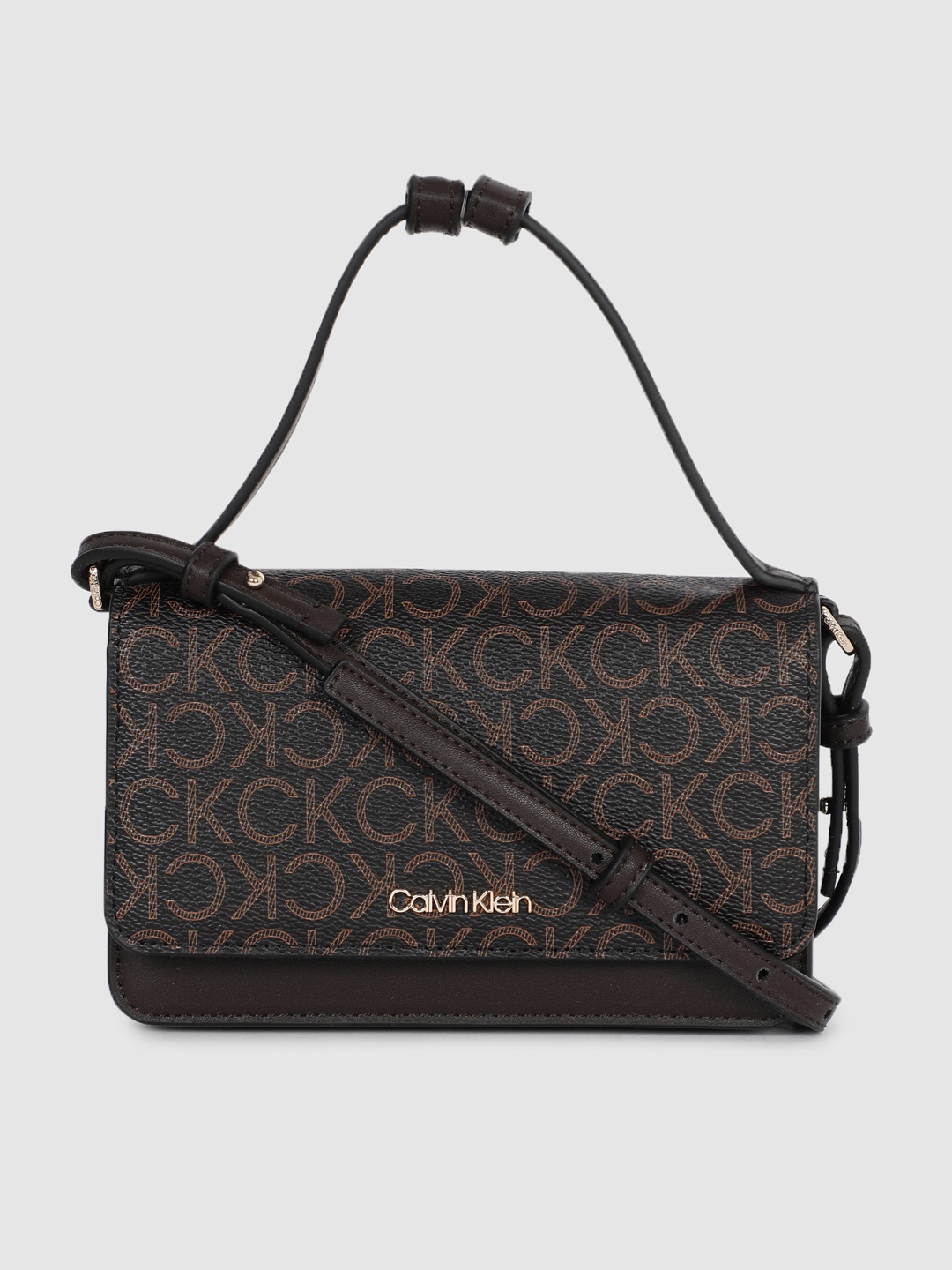 

Calvin Klein Jeans Coffee Brown Brand Logo Print PU Small Structured Satchel