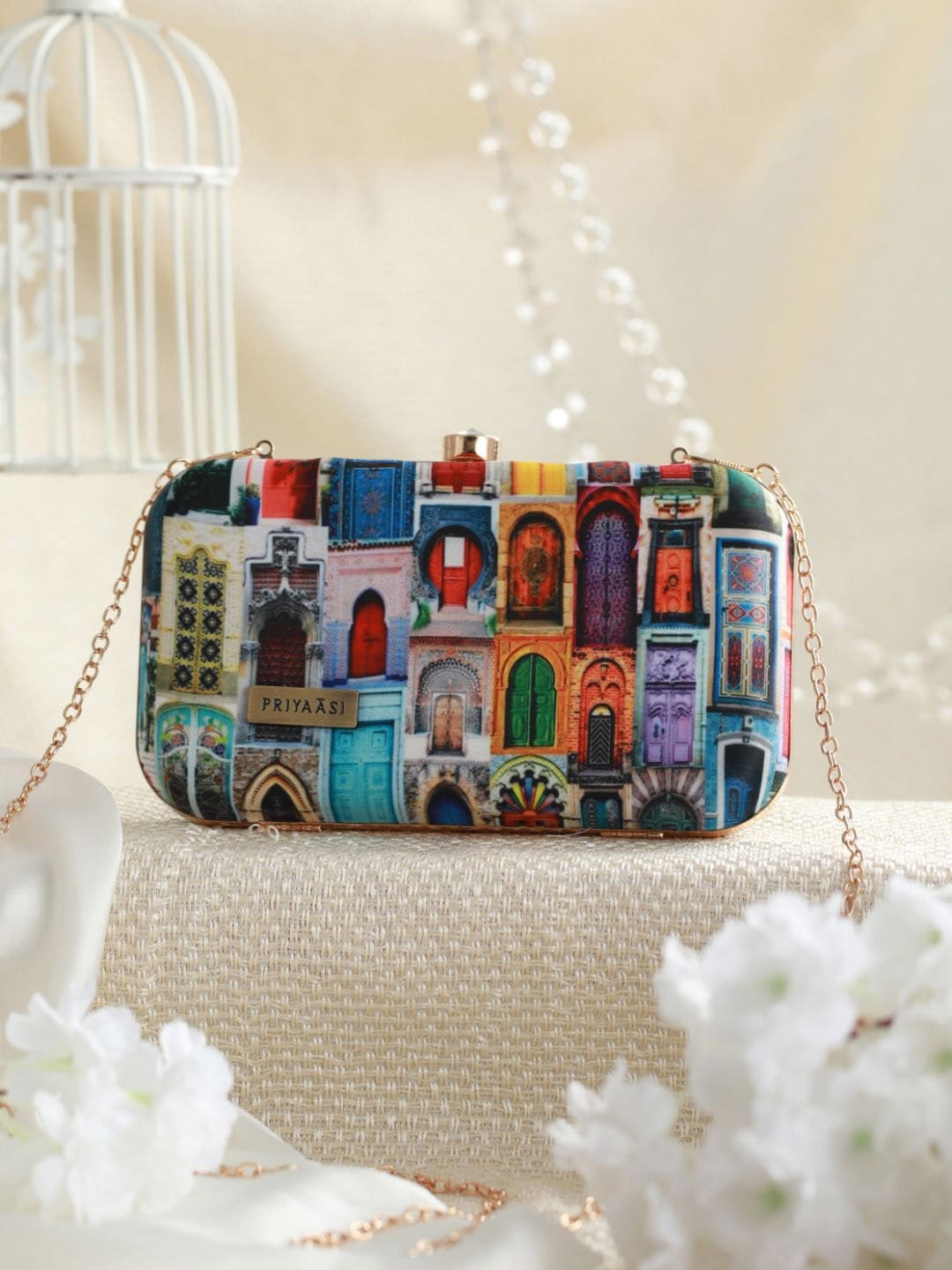 

Priyaasi Blue & Orange Printed Box Clutch