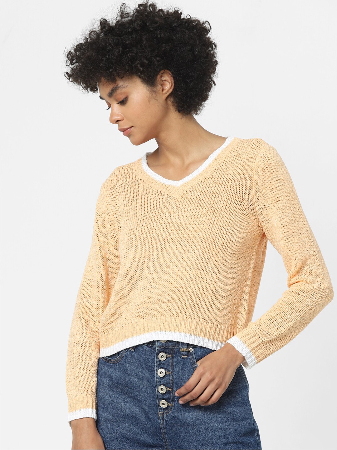 

ONLY Women Peach-Coloured & White Pullover