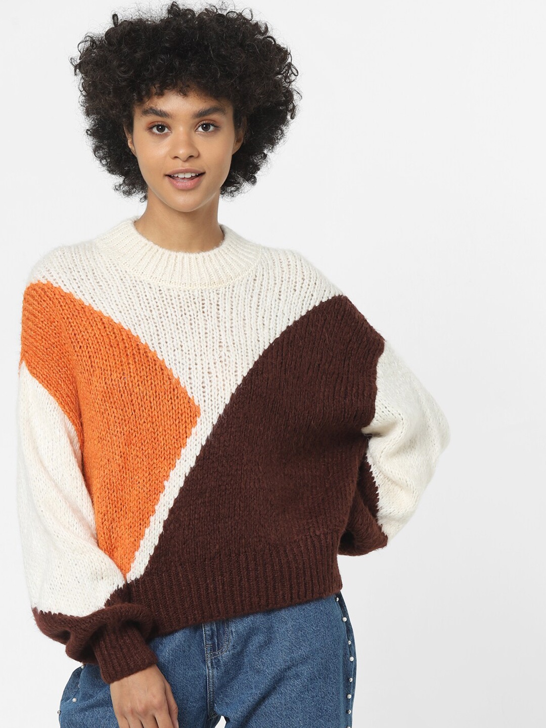 

ONLY Women Brown & Cream-Coloured Colourblocked Pullover