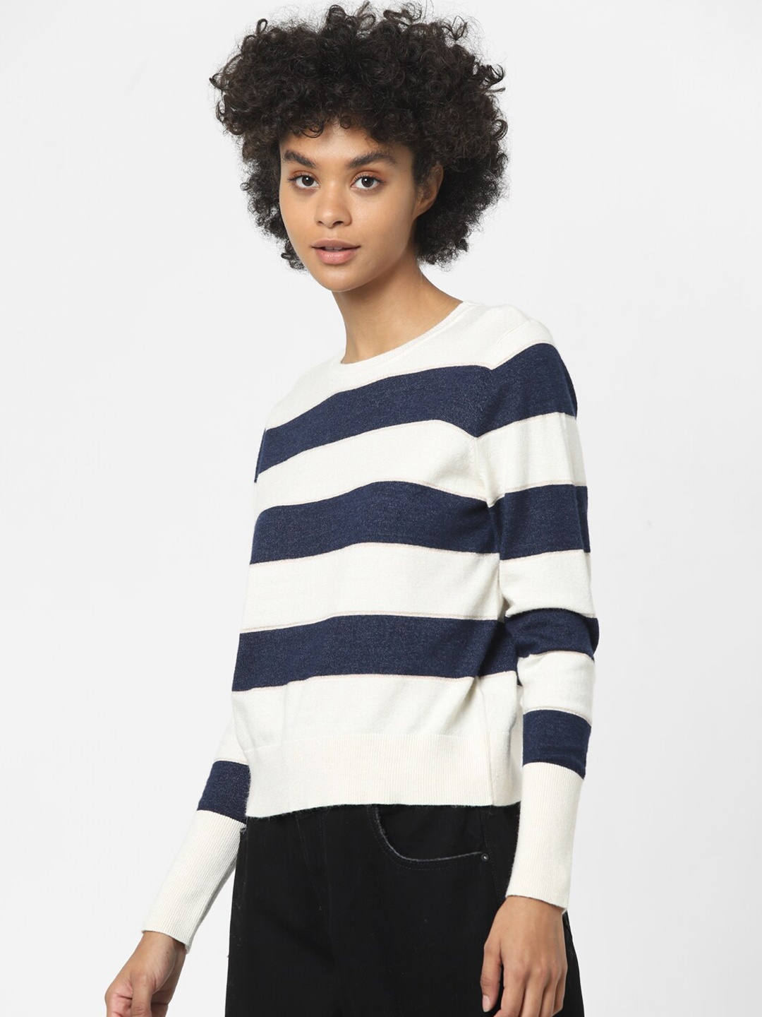 

ONLY Women White & Black Striped Woolen Pullover