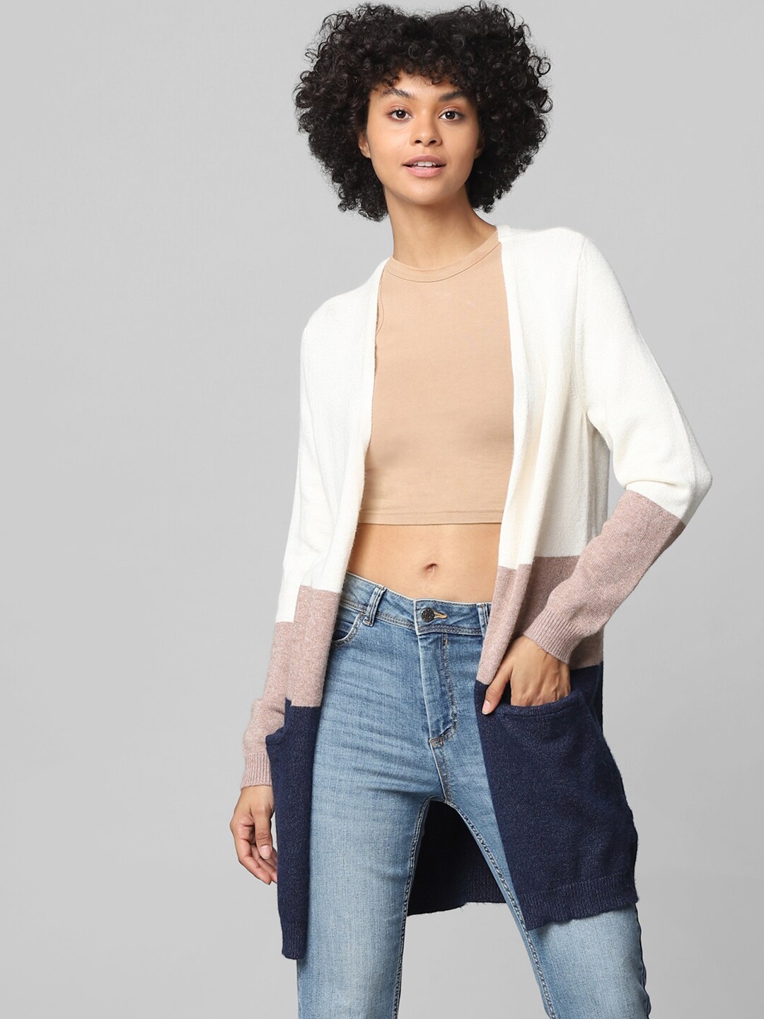 

ONLY Women Beige & Navy Blue Colourblocked Front-Open Longline