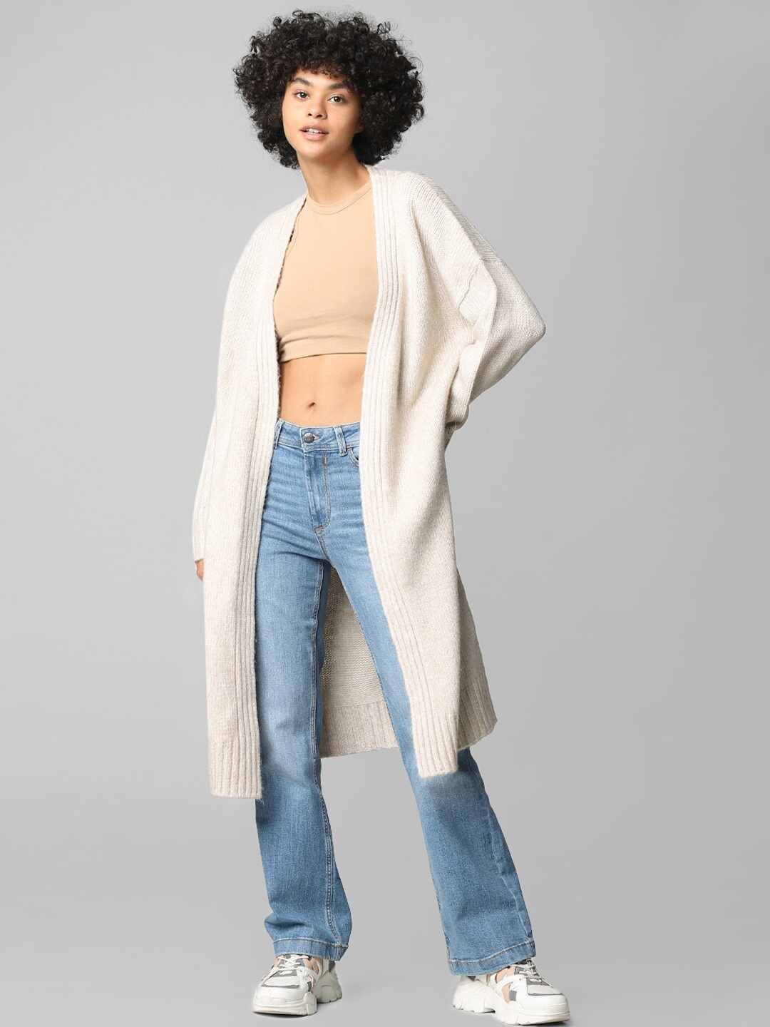 

ONLY Women Beige Textured Longline Open Front Sweater