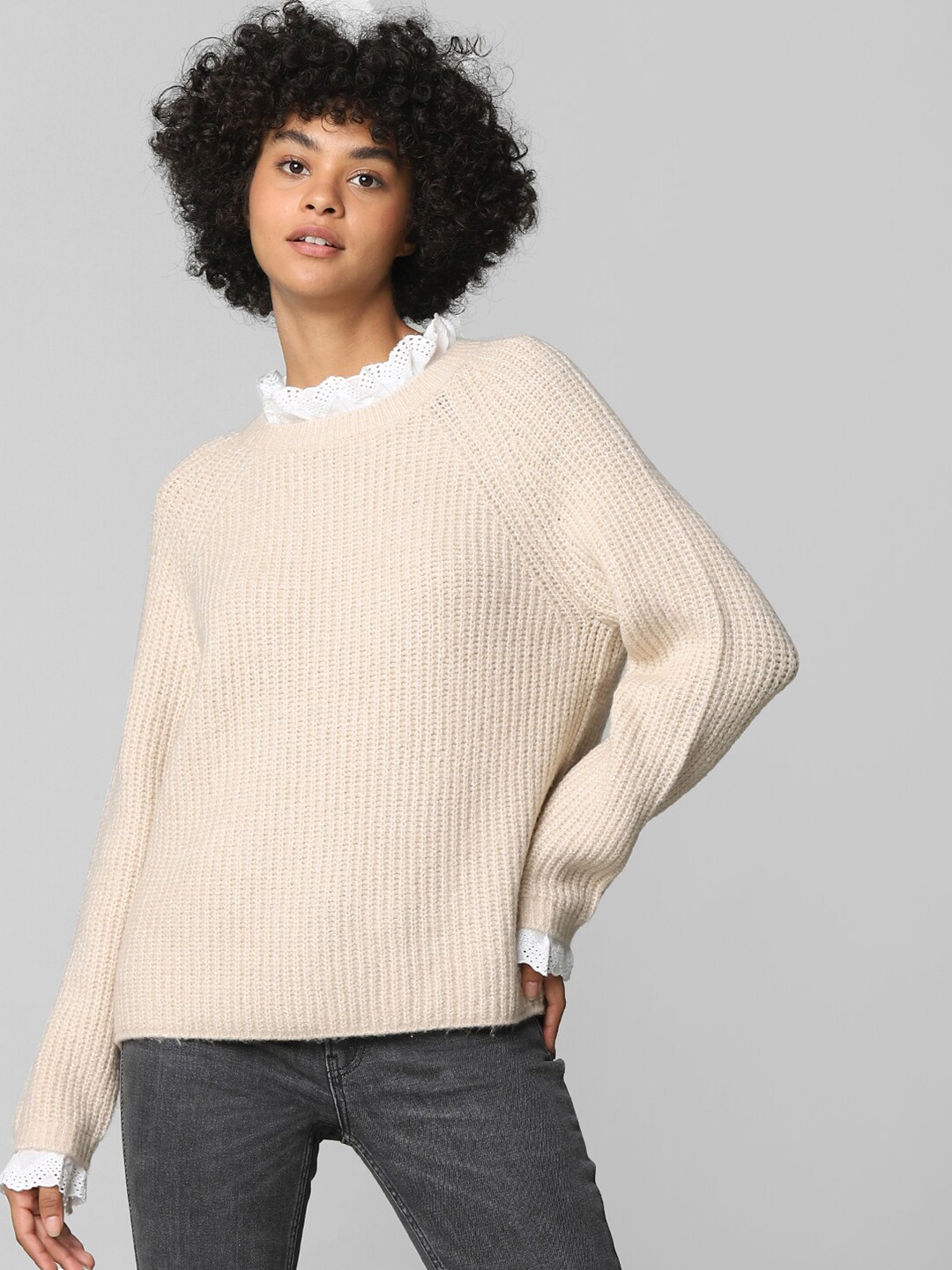 

ONLY Women Beige Self Design Acrylic Pullover
