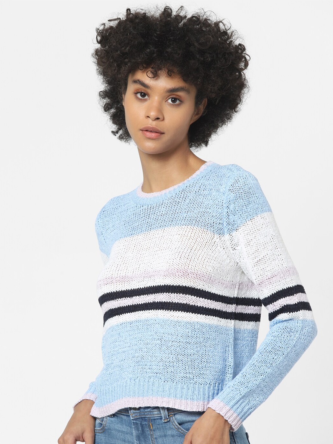 

ONLY Women Blue & Black Striped Pullover