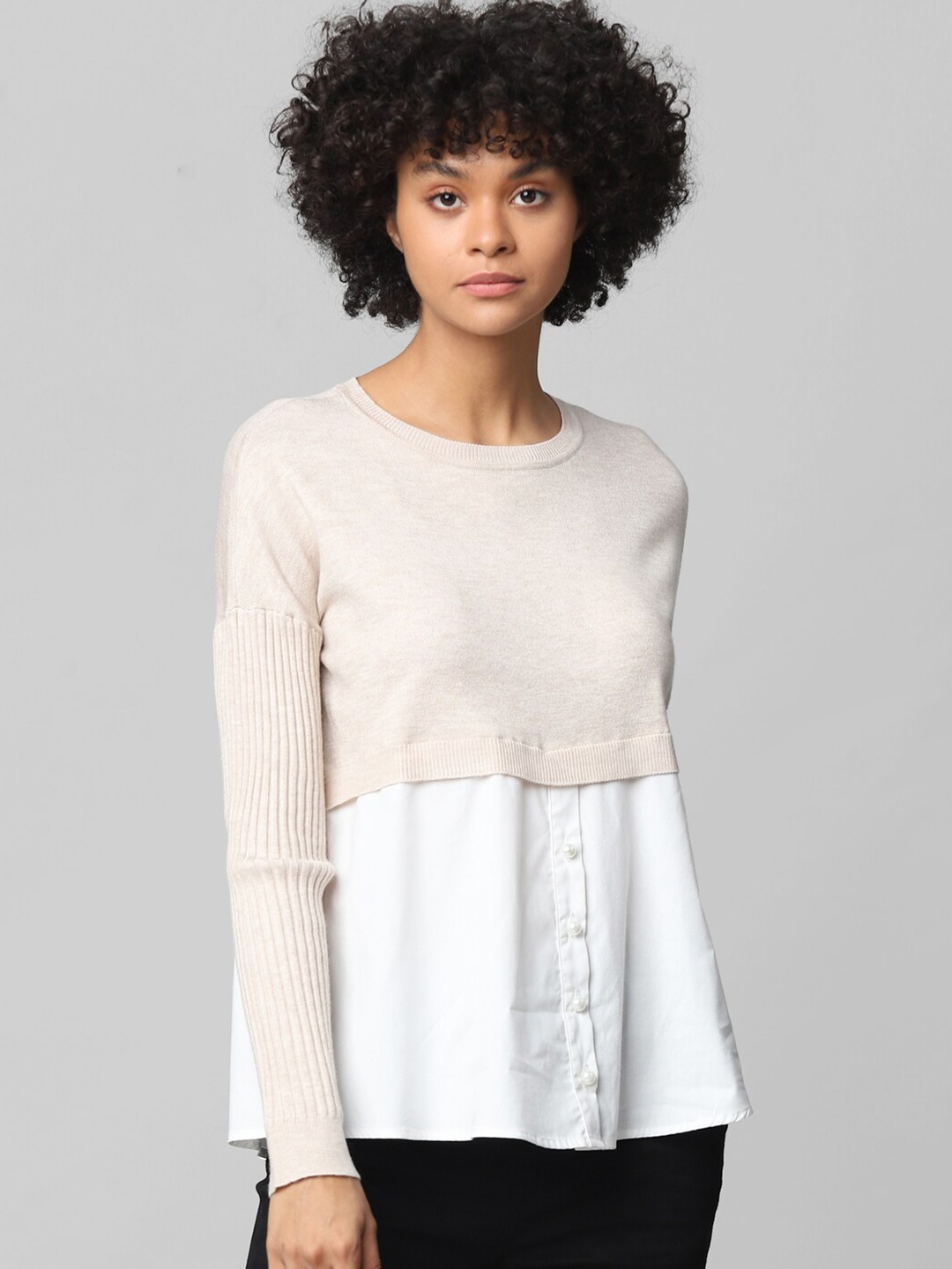 

ONLY Women Beige & White Self Design Crop Pullover Sweater