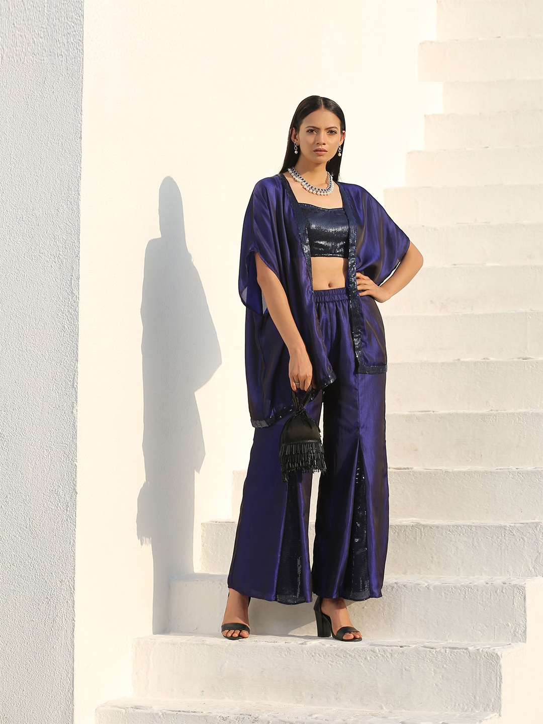 

Swtantra Women Navy Blue Sequinned Cape & Trousers