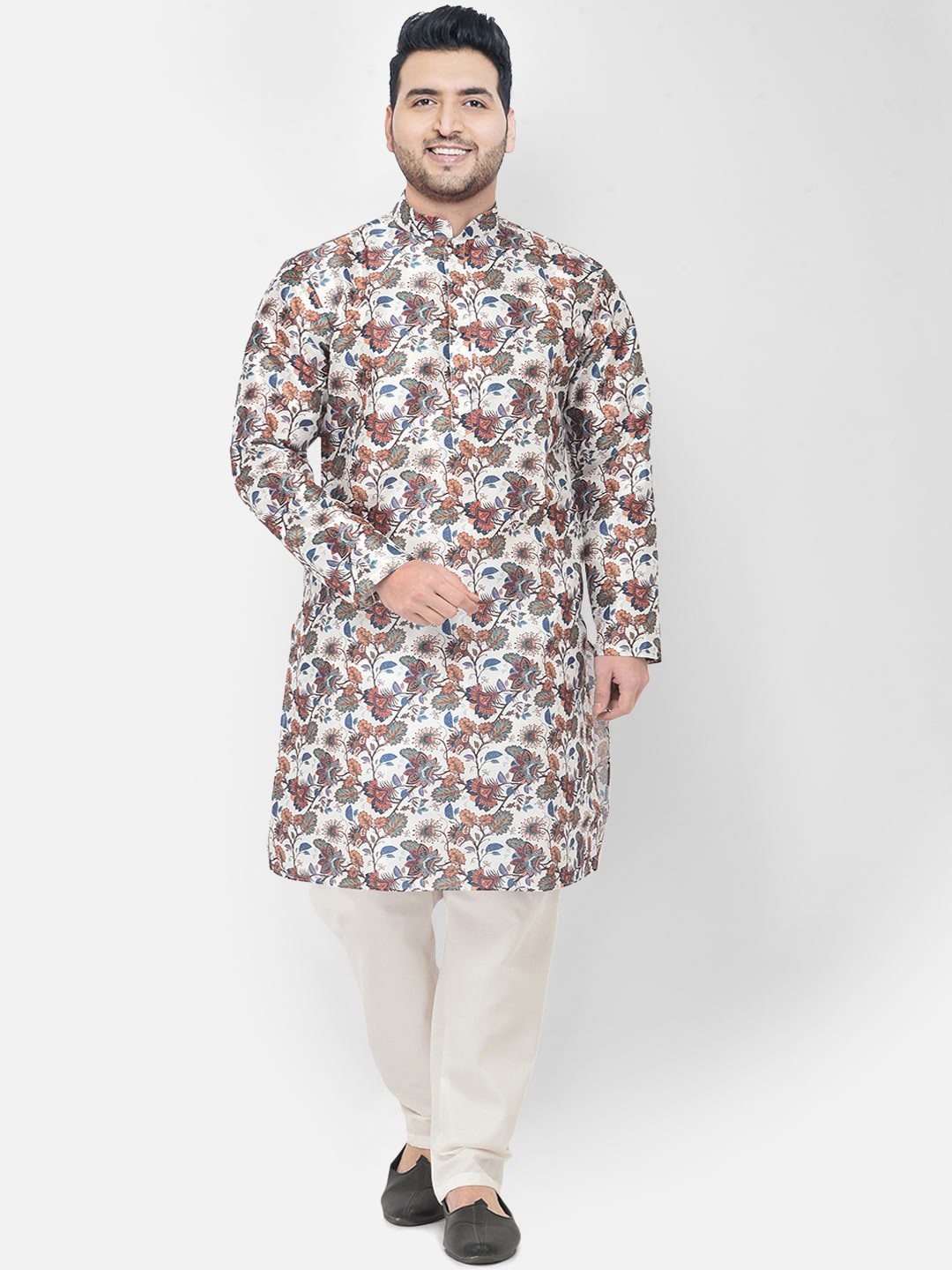 

SG LEMAN Plus Men White Floral Printed Raw Silk Kurta with Pyjamas