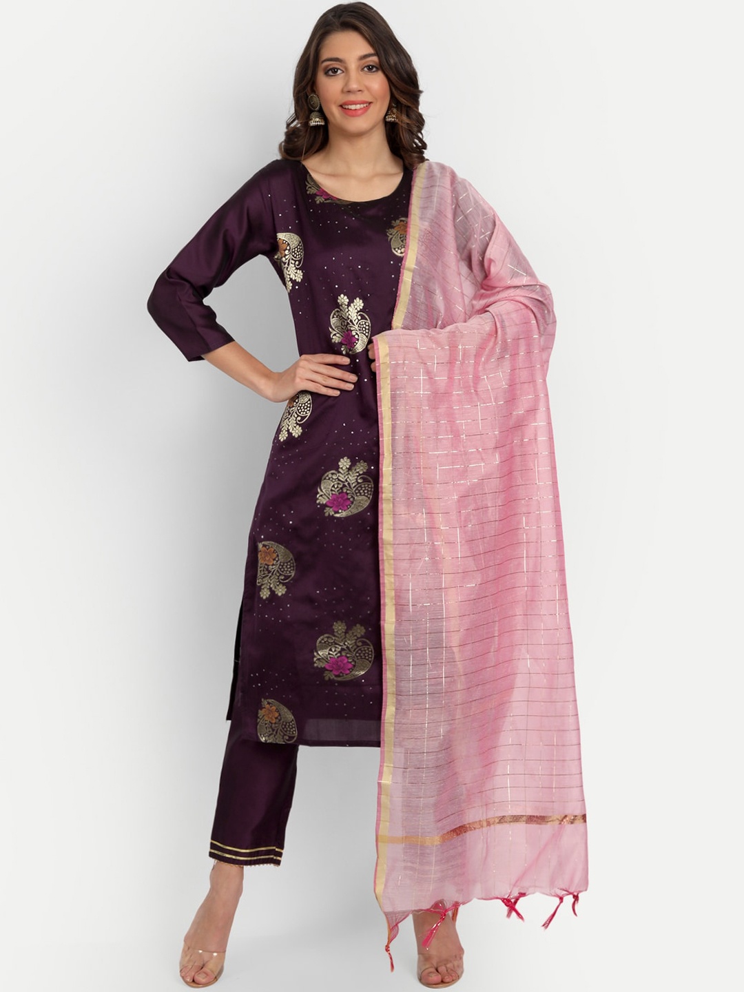 

VredeVogel Women Purple Floral Yoke Design Kurti with Trousers & With Dupatta
